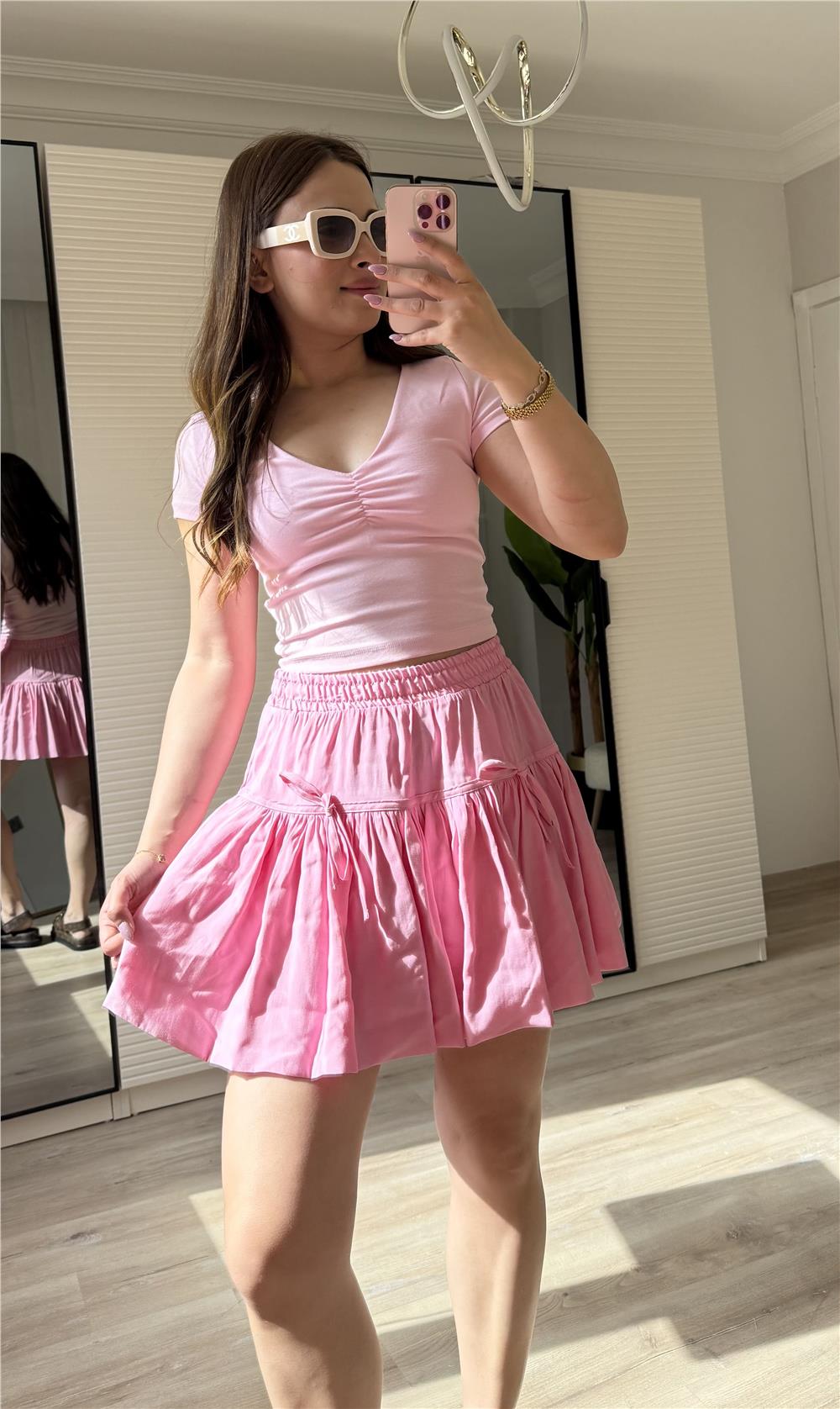 tensel mini şort etek-PEMBE