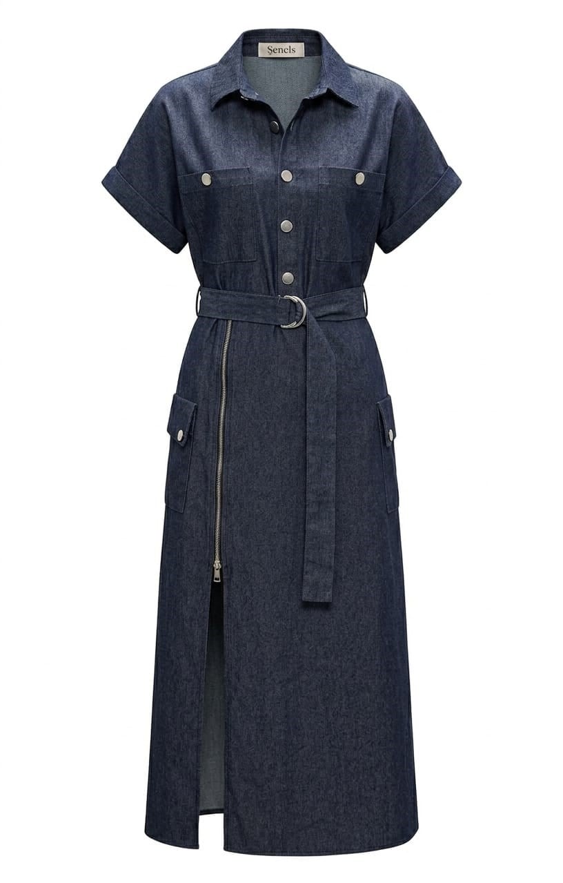 Tiamo Fermuar Detaylı Denim Yırtmaçlı Elbise