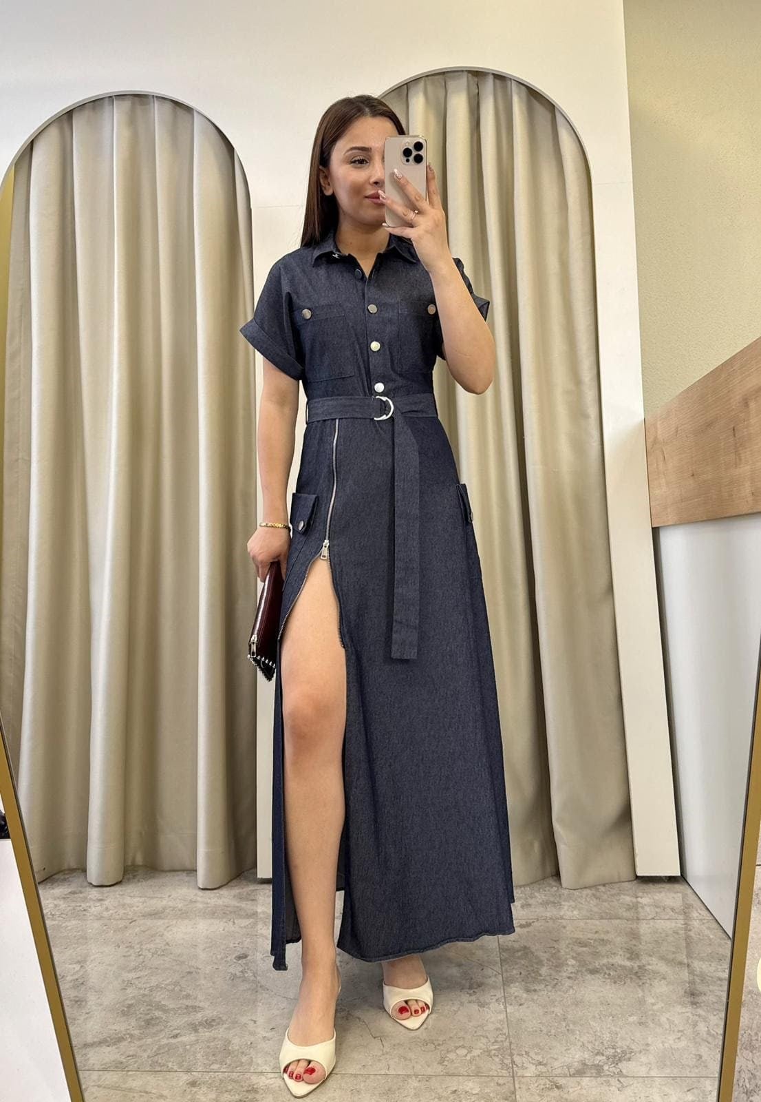 Tiamo Fermuar Detaylı Denim Yırtmaçlı Elbise