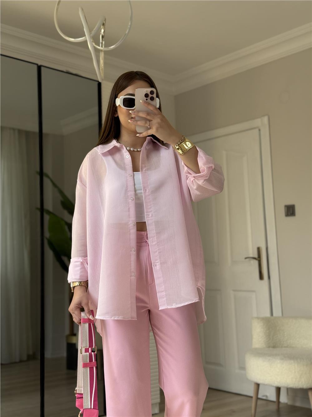 transparan çizgili gömlek-PEMBE