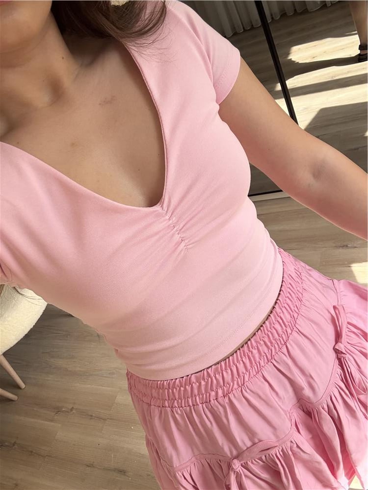 V yaka crop bluz -PEMBE