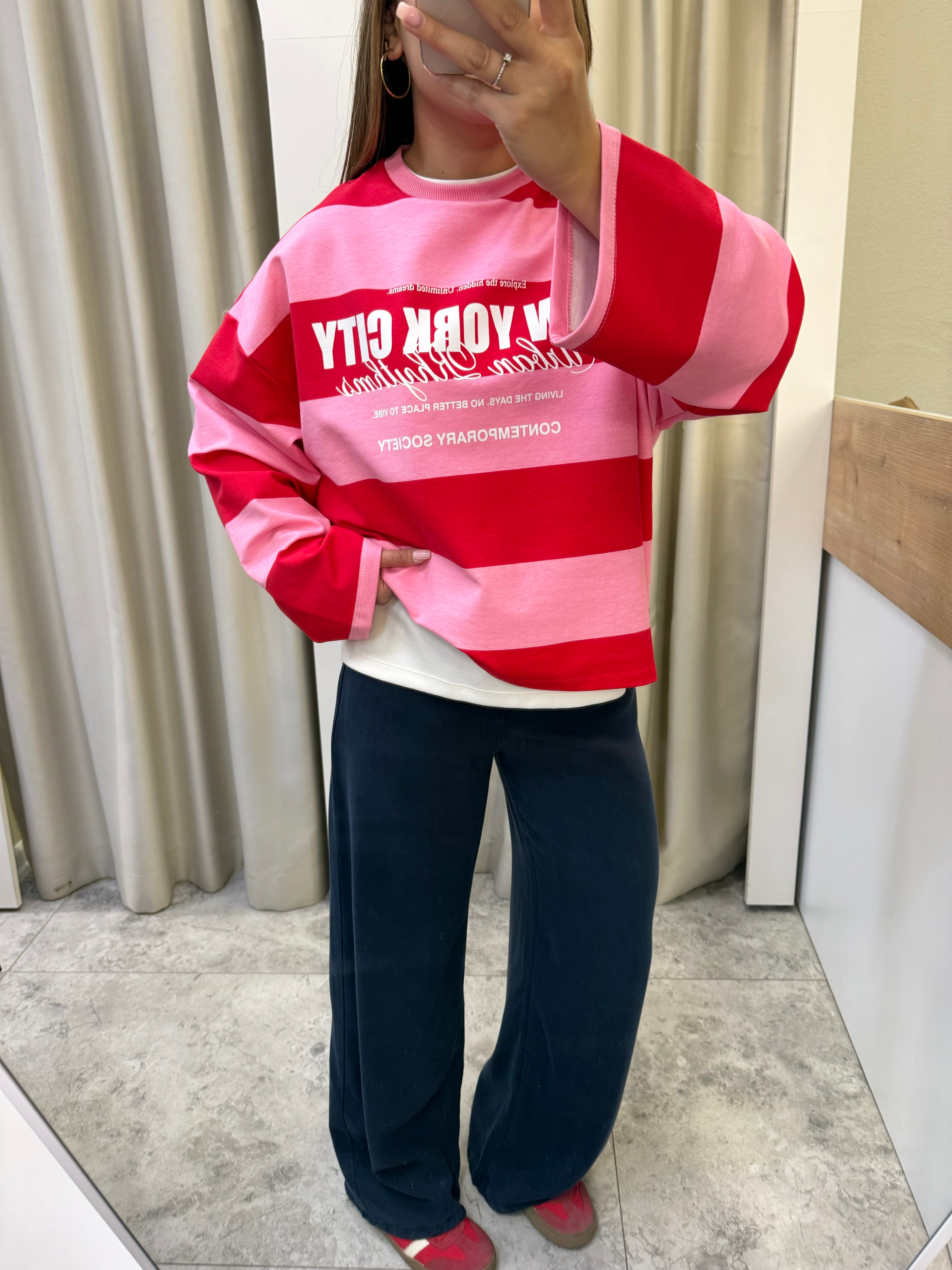 Valen Seri Baskılı Çizgili Sweatshirt Pembe-Kırmızı