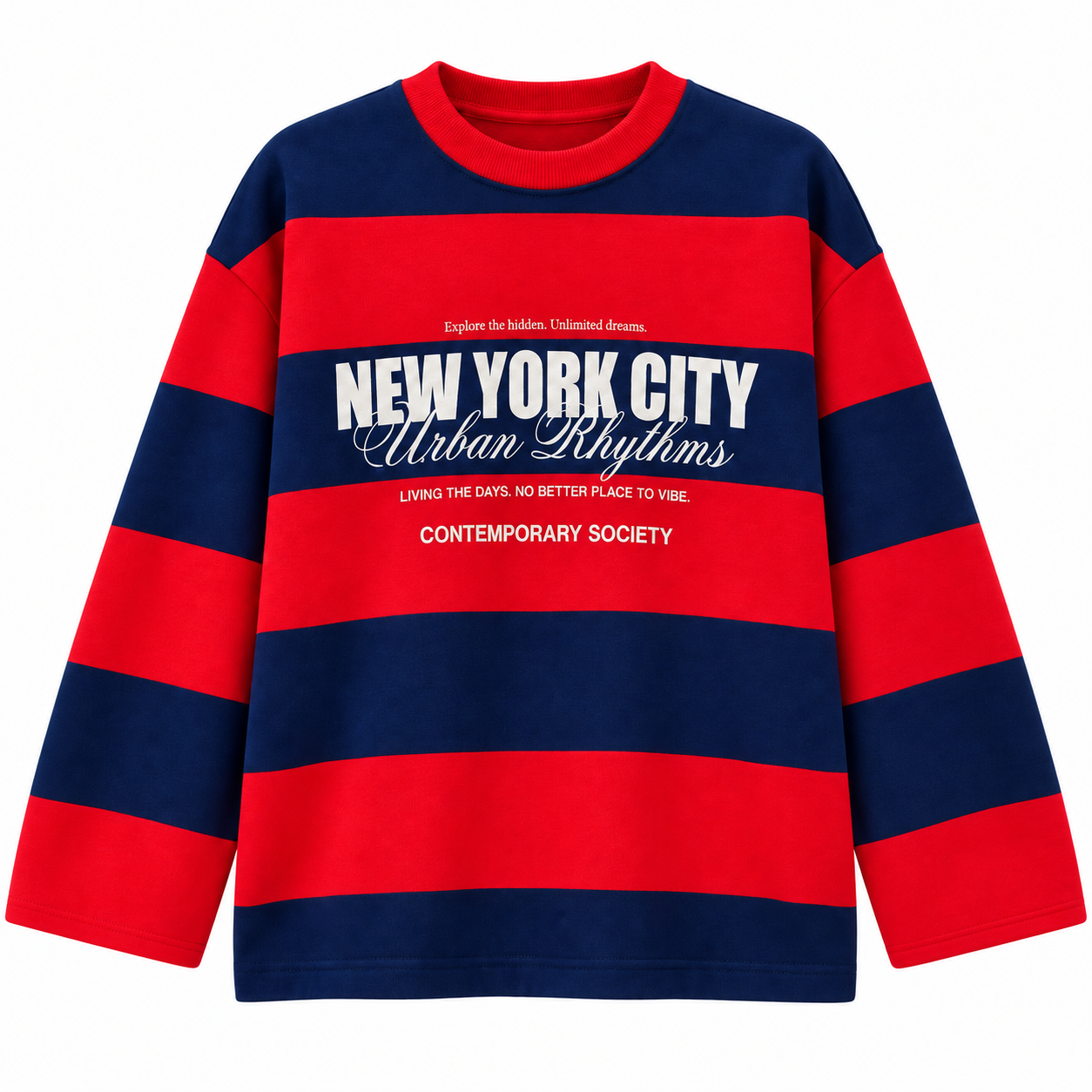 Valen Seri Baskılı Çizgili Sweatshirt Lacivert-Kırmızı
