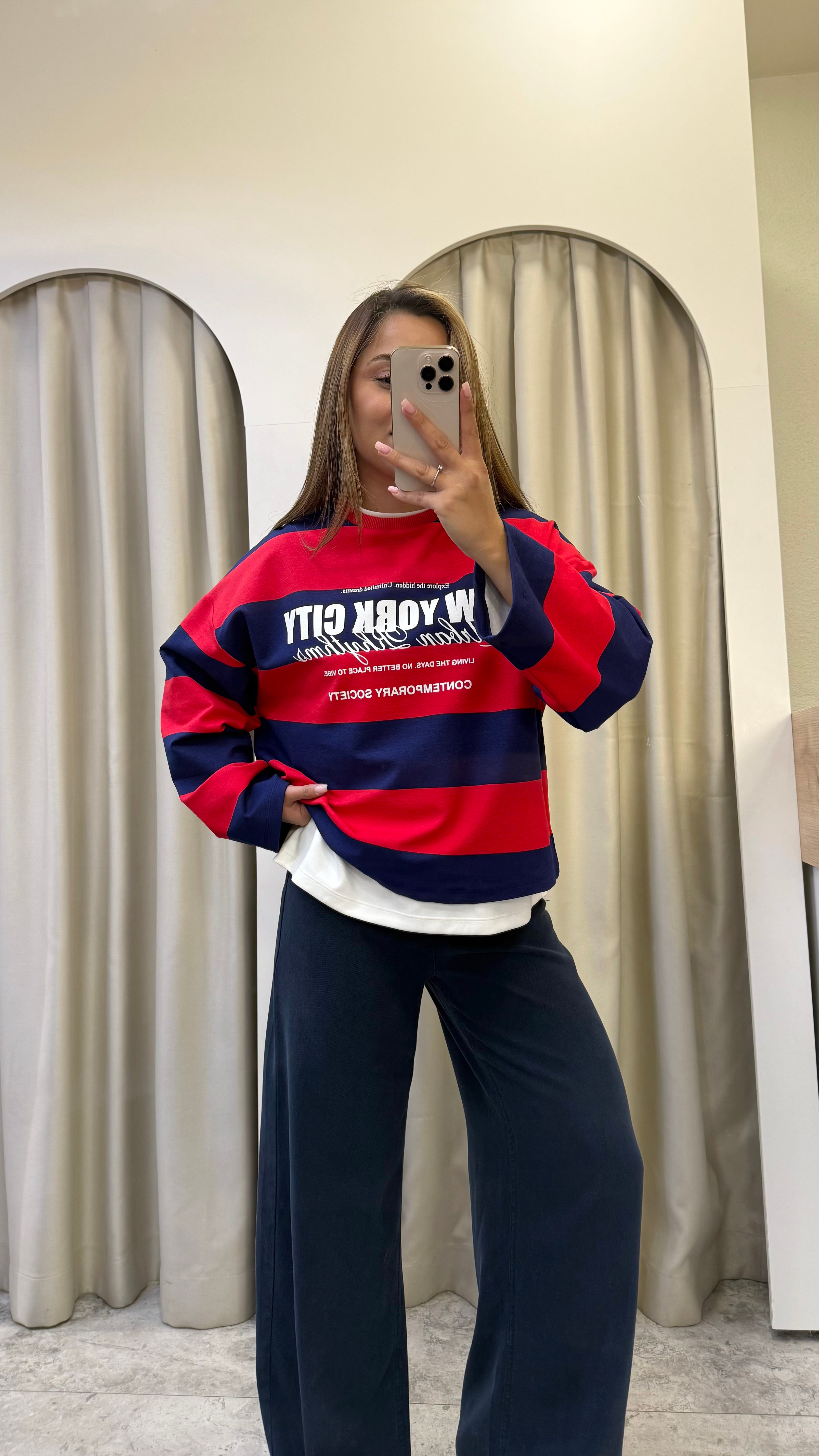 Valen Seri Baskılı Çizgili Sweatshirt Lacivert-Kırmızı