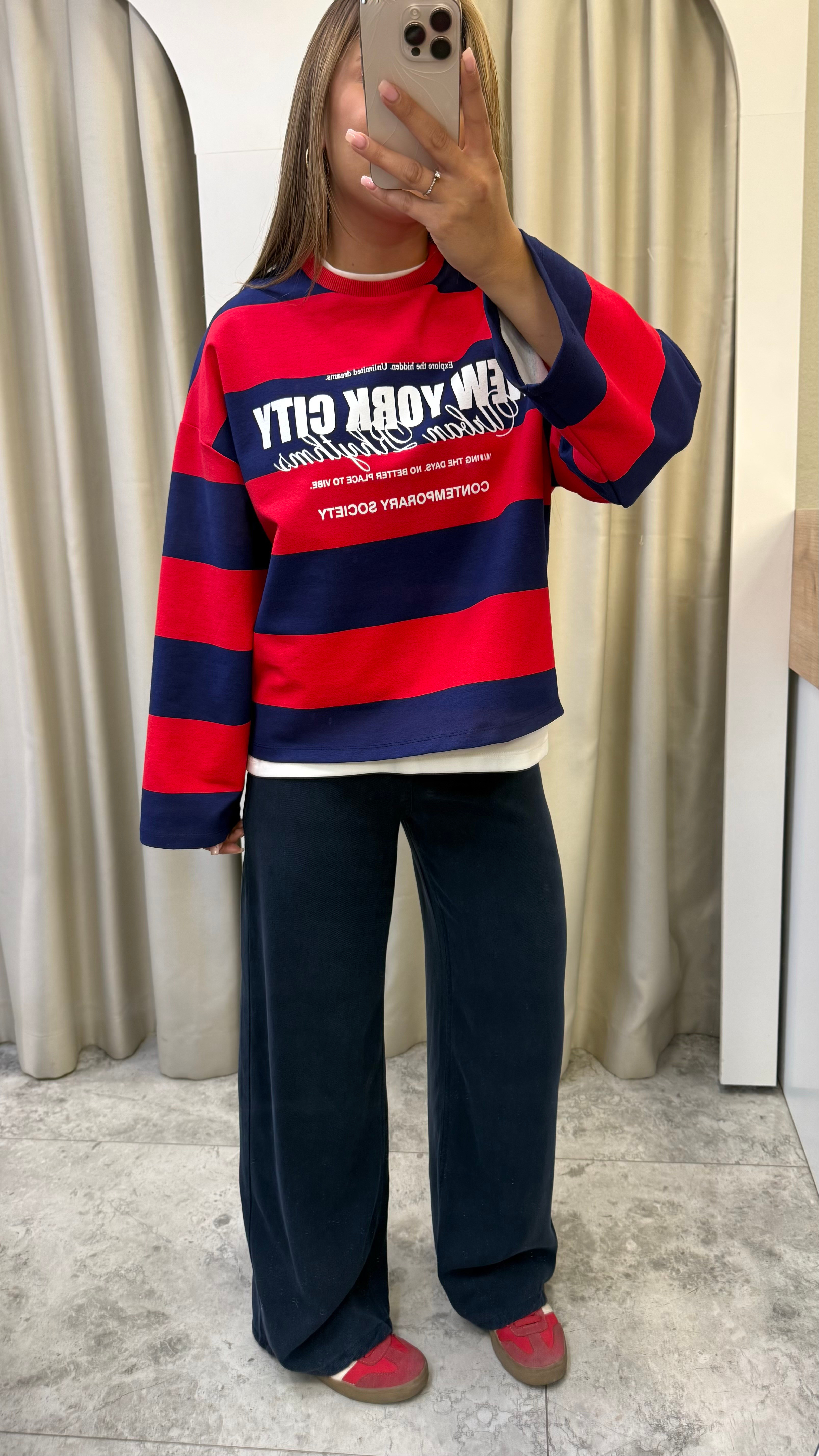 Valen Seri Baskılı Çizgili Sweatshirt Lacivert-Kırmızı