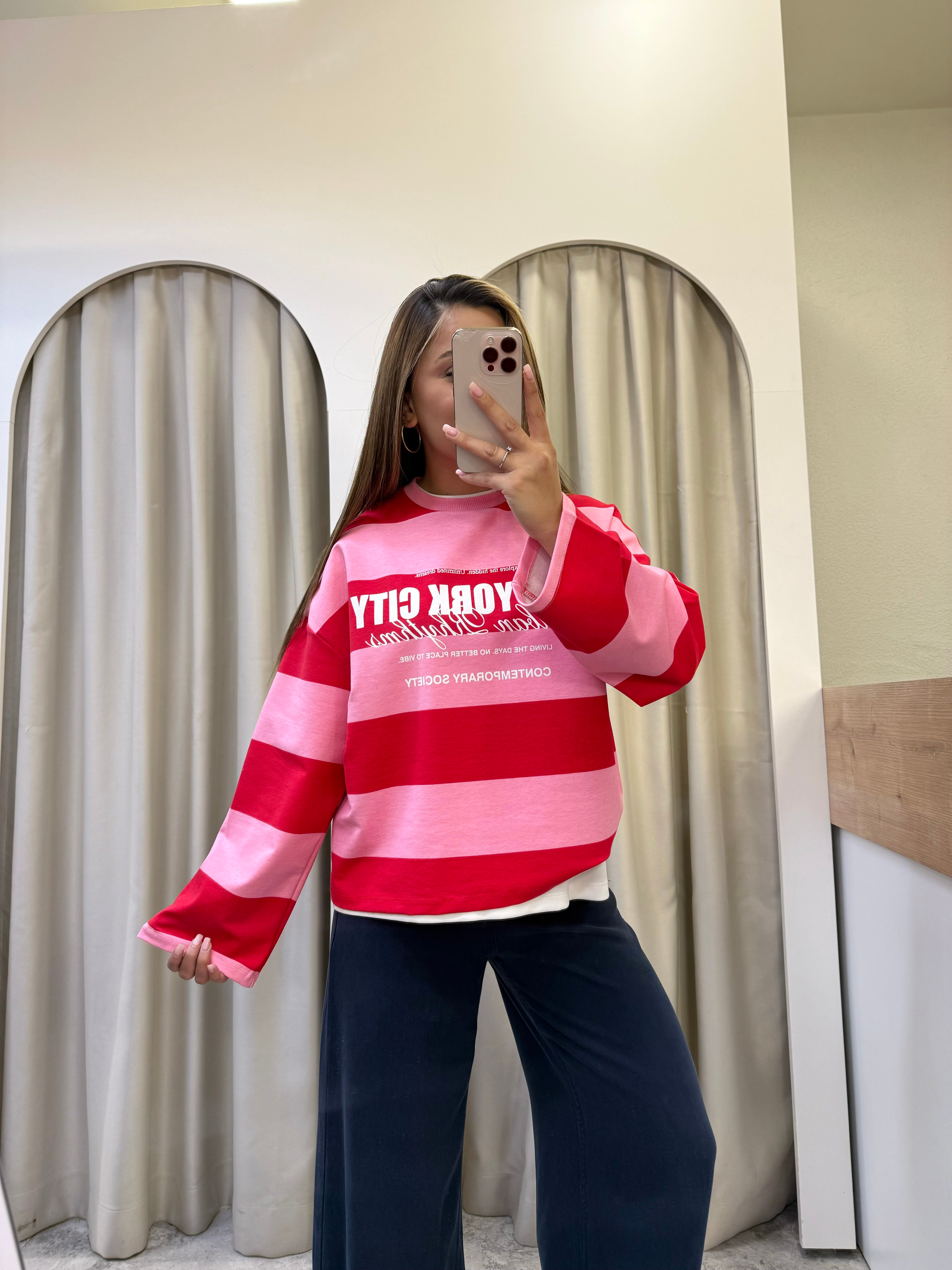 Valen Seri Baskılı Çizgili Sweatshirt Pembe-Kırmızı