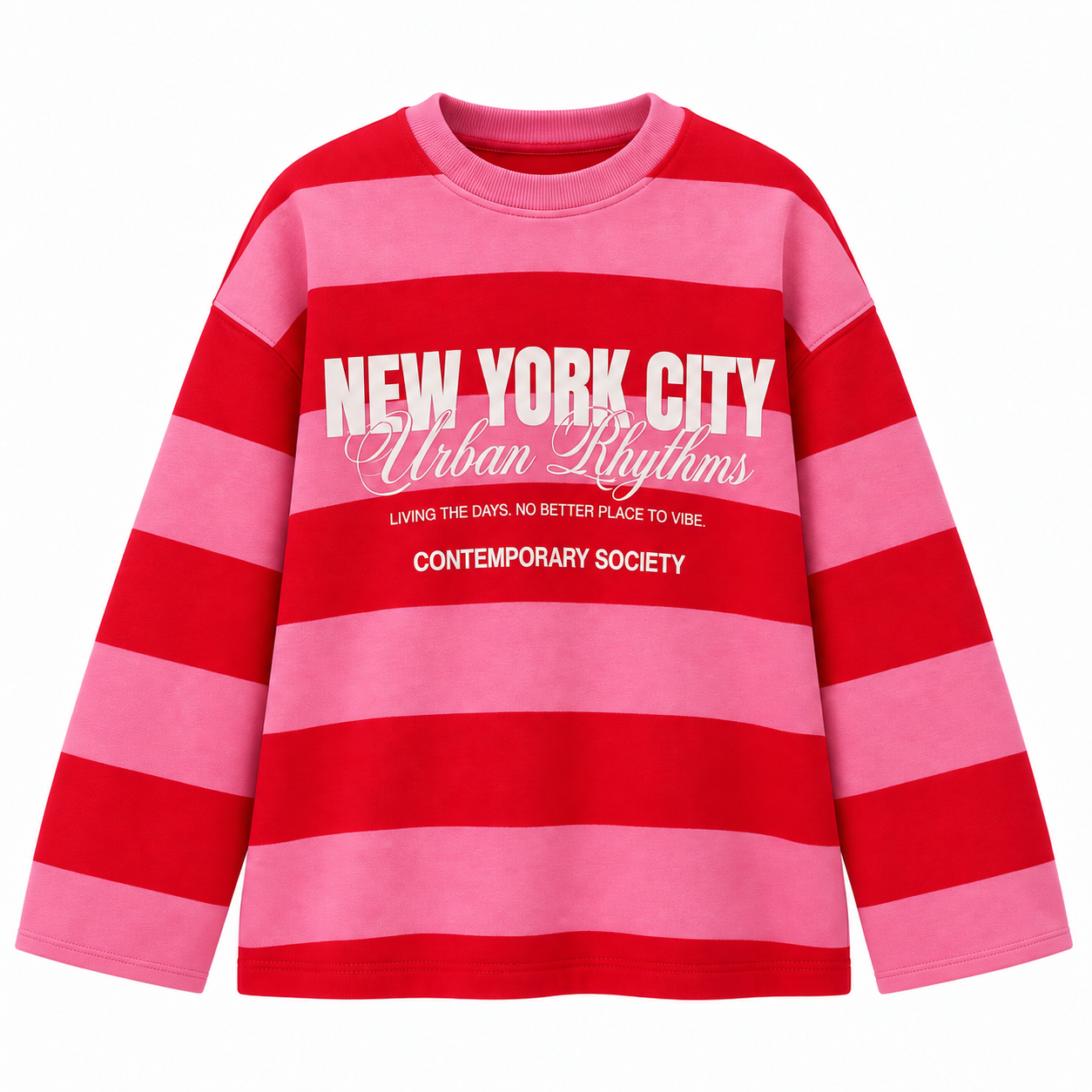 Valen Seri Baskılı Çizgili Sweatshirt Pembe-Kırmızı