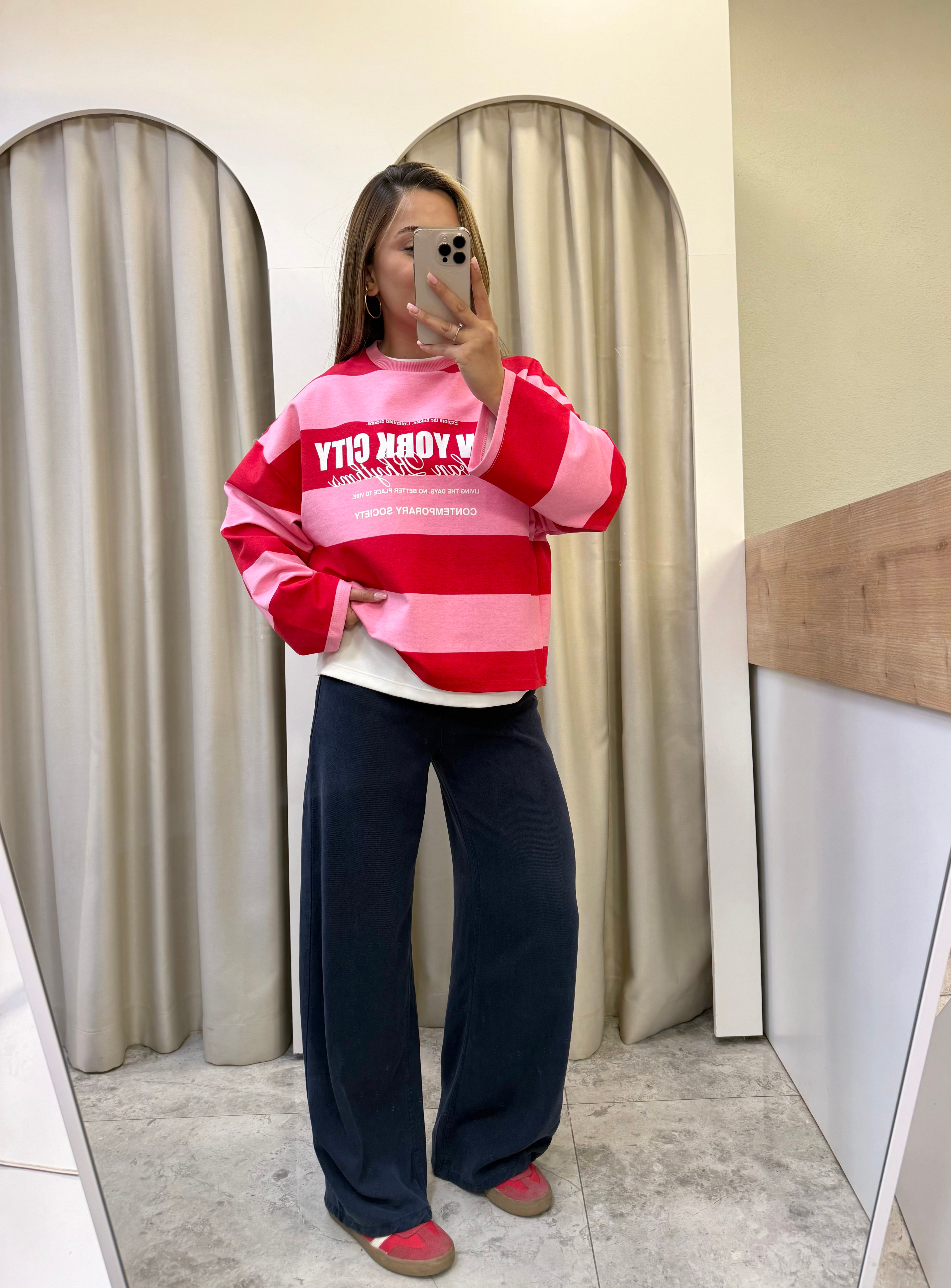 Valen Seri Baskılı Çizgili Sweatshirt Pembe-Kırmızı