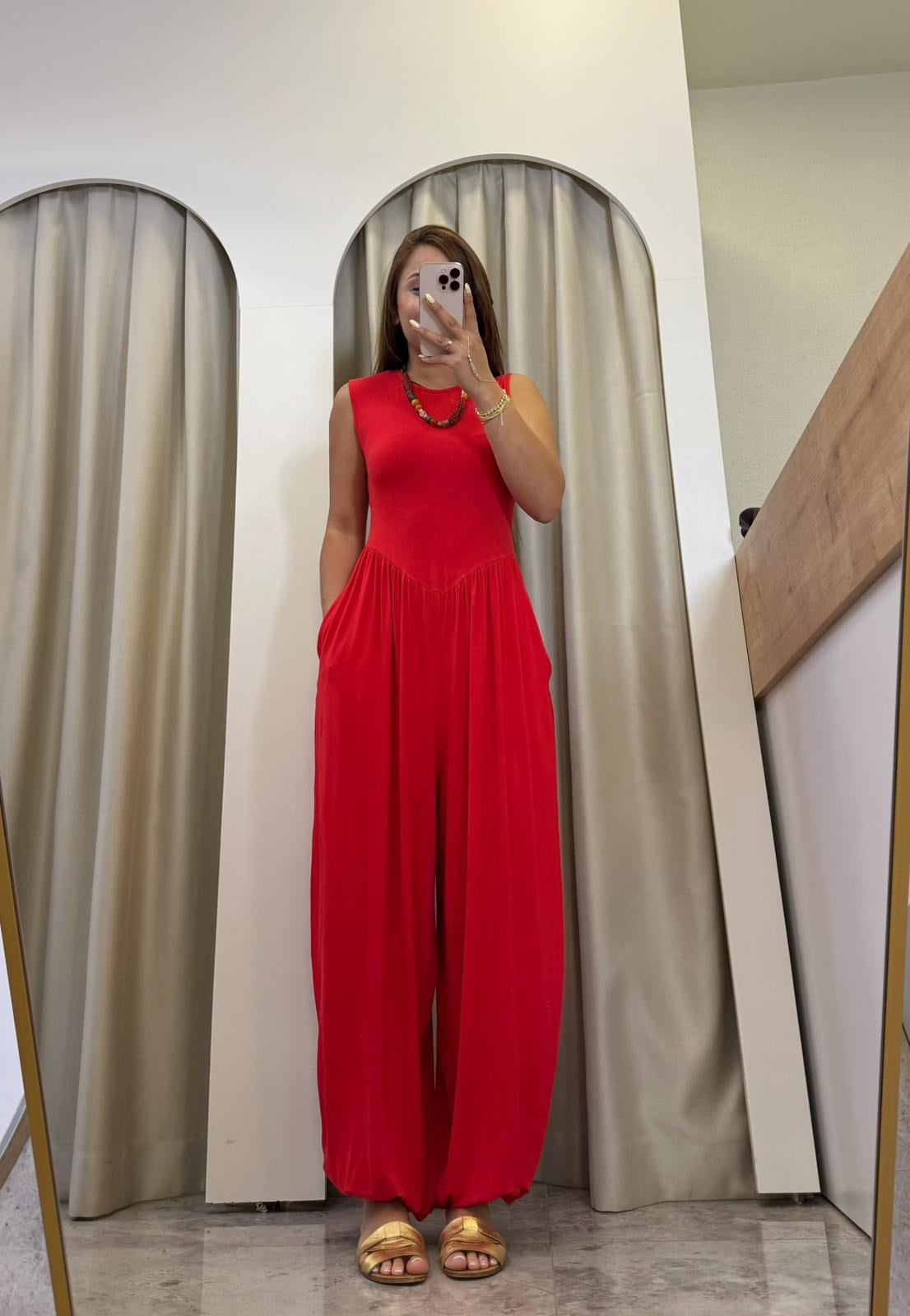 Vera Kırmızı Modal Kumaş Şalvar Tulum
