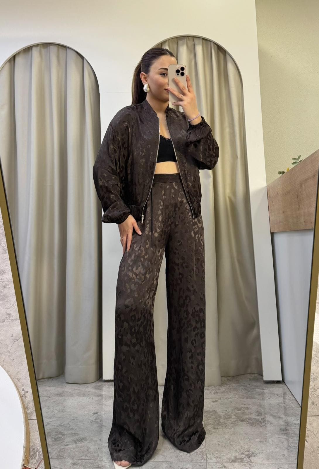 Vogue Kahve Jakarlı Saten Takım