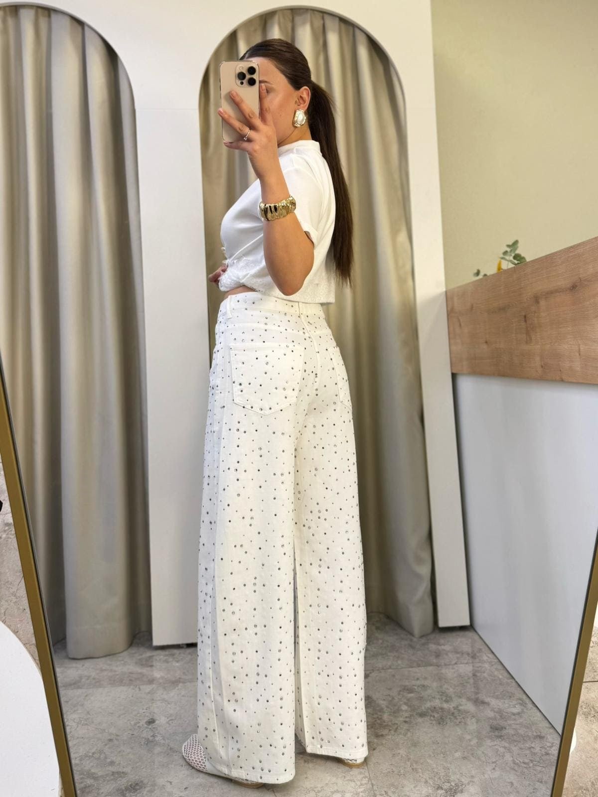 White Full Taşlı Rahat Kalıp Jean