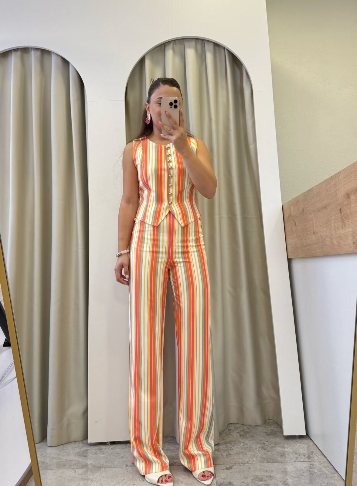 Wolen Renkli Çizgili Yelek Pantolon Takım