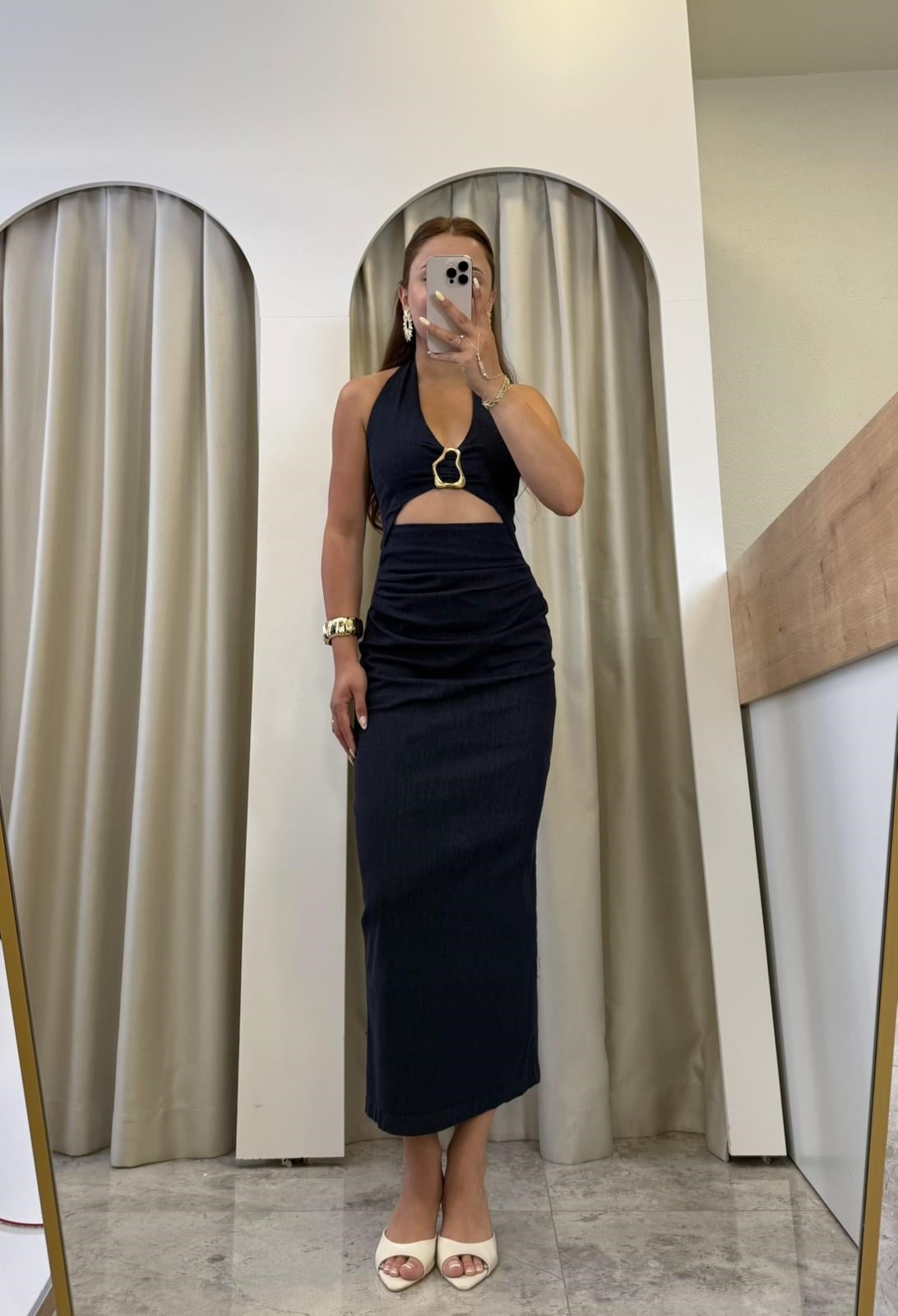 Yonne Gold Tokalı Likralı Denim Elbise