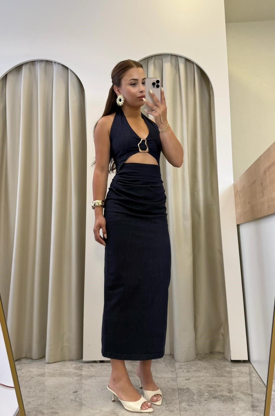 Yonne Gold Tokalı Likralı Denim Elbise