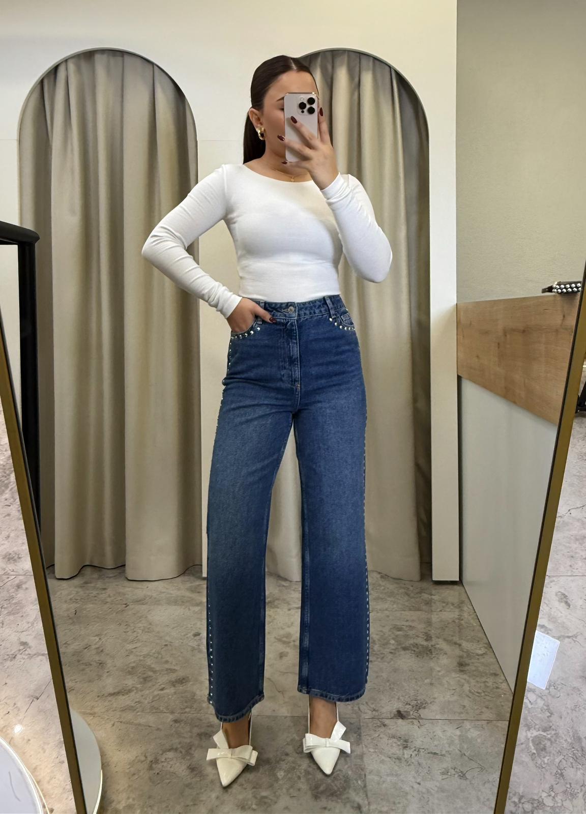 Yüksek Bel Flare Mavi Zımbalı Jean