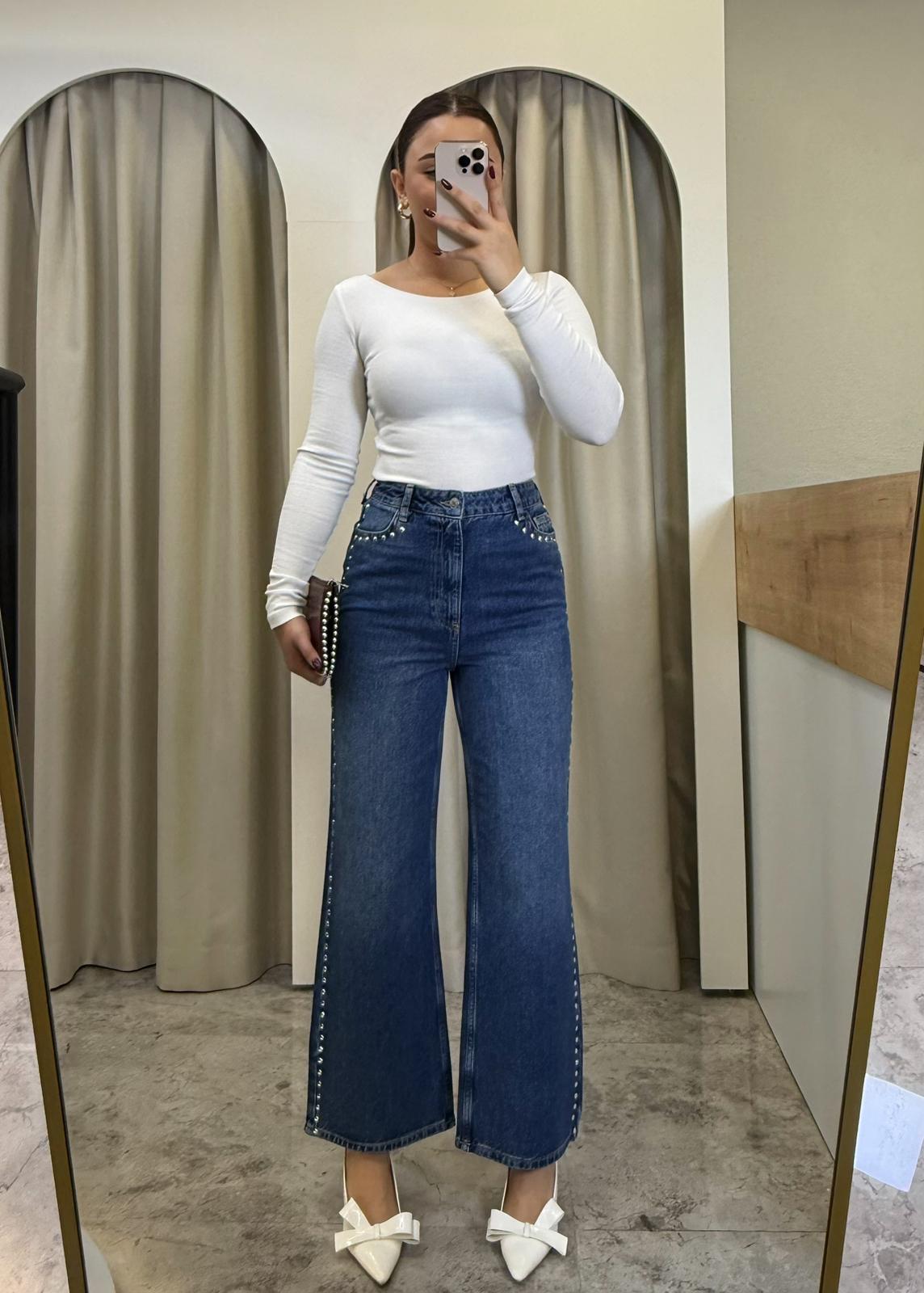 Yüksek Bel Flare Mavi Zımbalı Jean