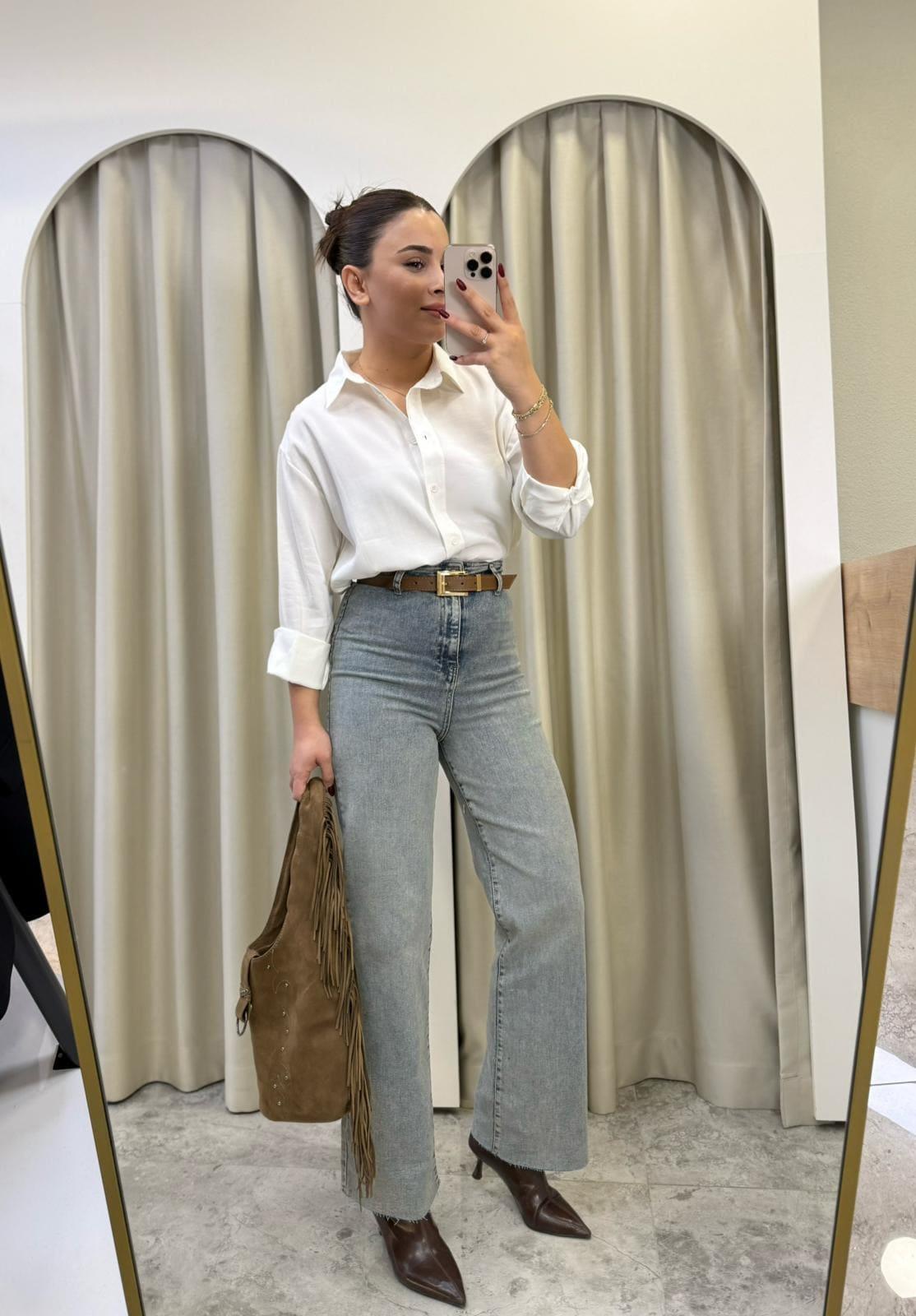 Yüksek Bel Kesik Paça  Kemerli Jean-AÇIK MAVİ