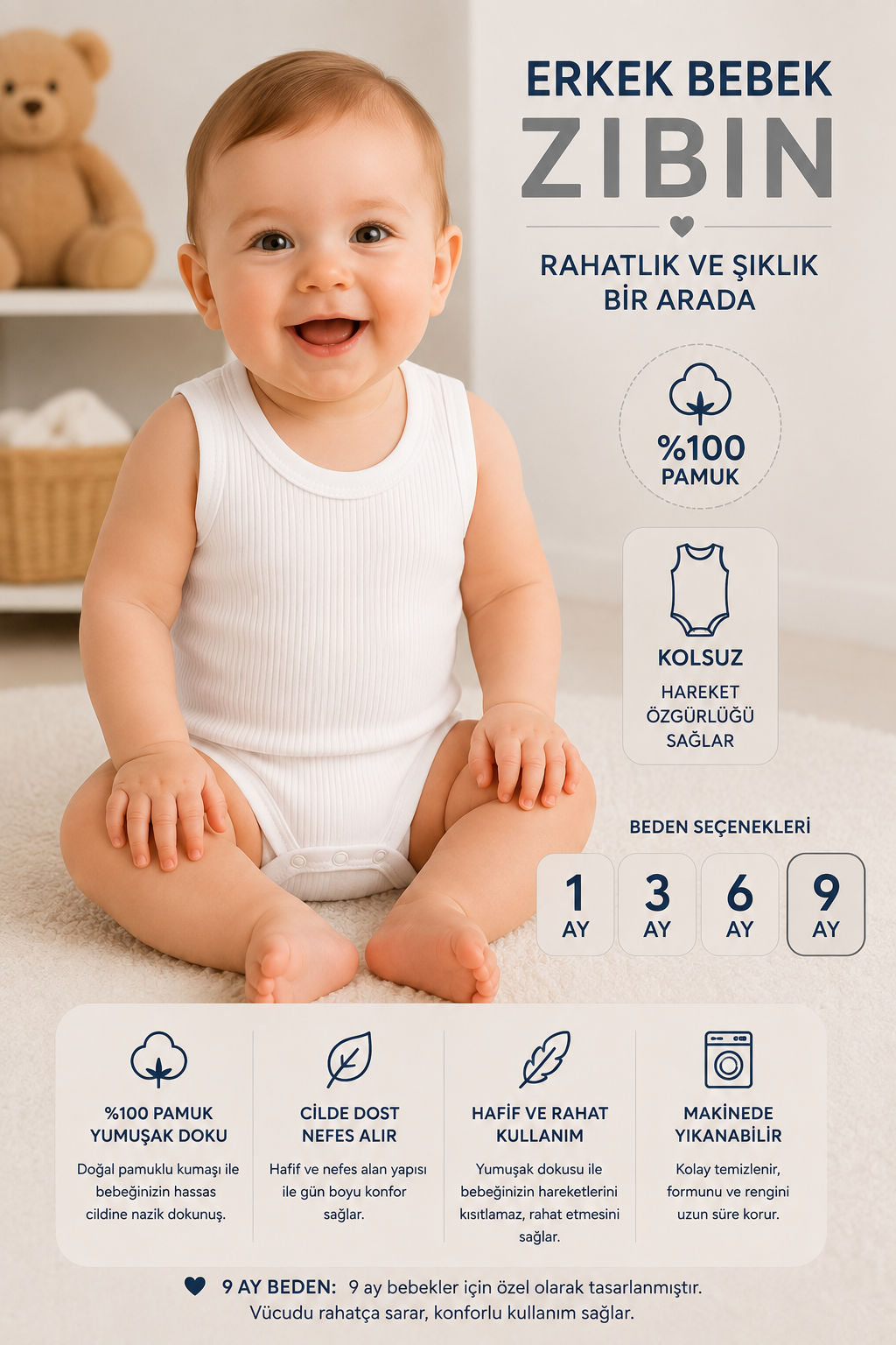 Erkek Bebek Jakarlı  Zıbın -Beyaz 