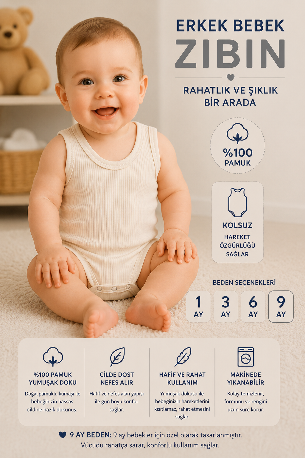 Erkek Bebek Jakarlı  Zıbın -Krem
