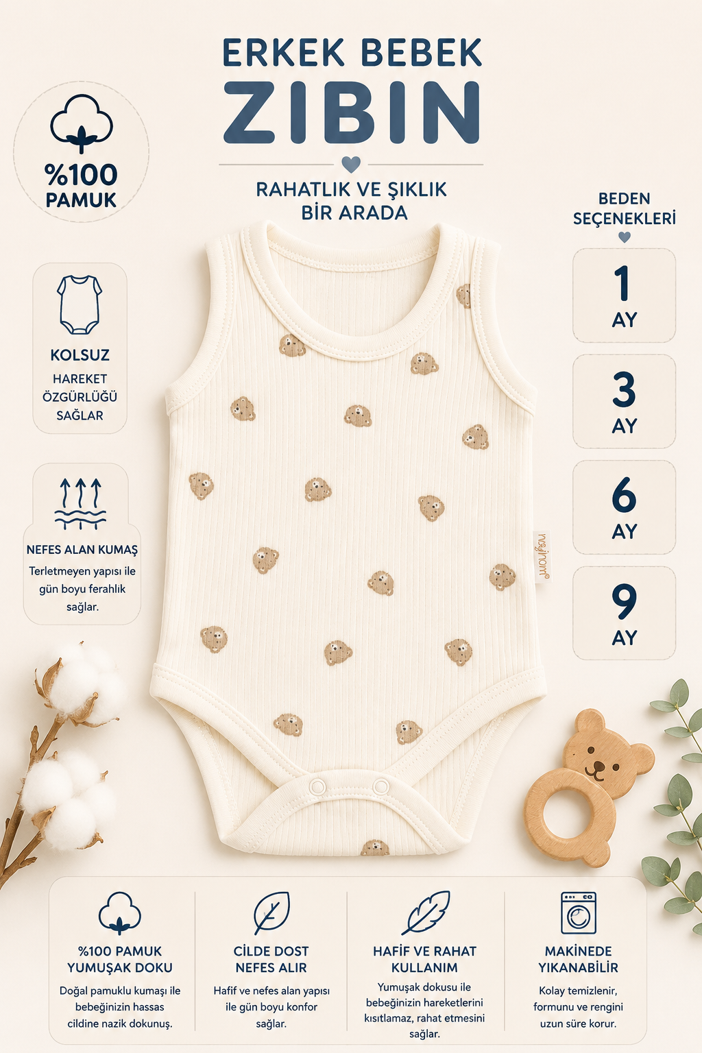 Erkek Bebek Sevimli Ayıcık Desenli Zıbın -Krem