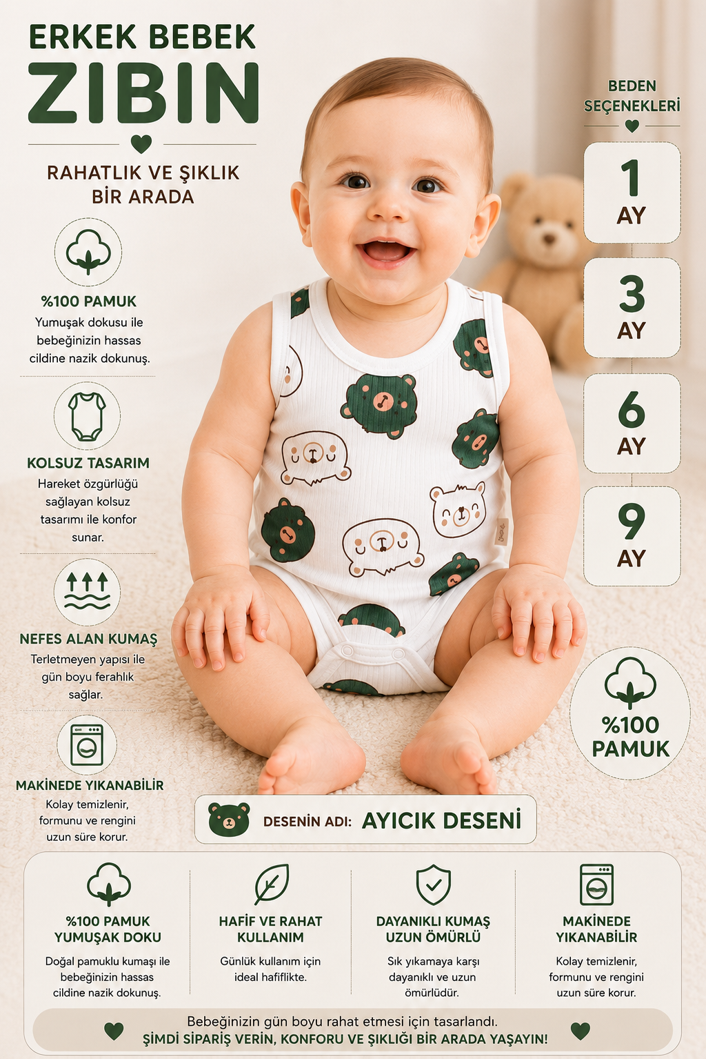 Erkek Bebek Sevimli Ayıcık Desenli Zıbın -Yeşil