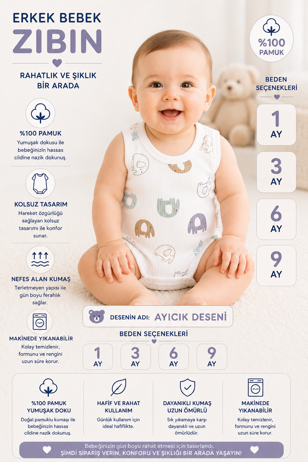 Erkek Bebek Sevimli Fil Desenli Zıbın -Beyaz 