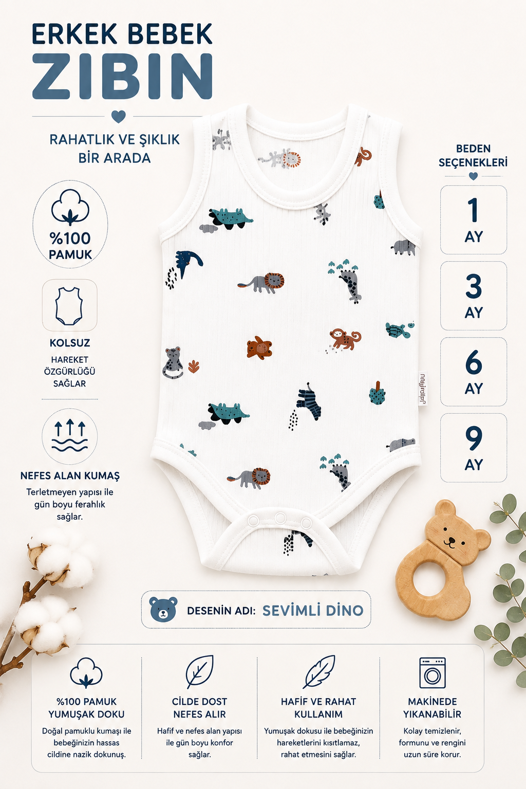 Erkek Bebek Sevimli Hayvanlarl Desenli Zıbın -Beyaz 