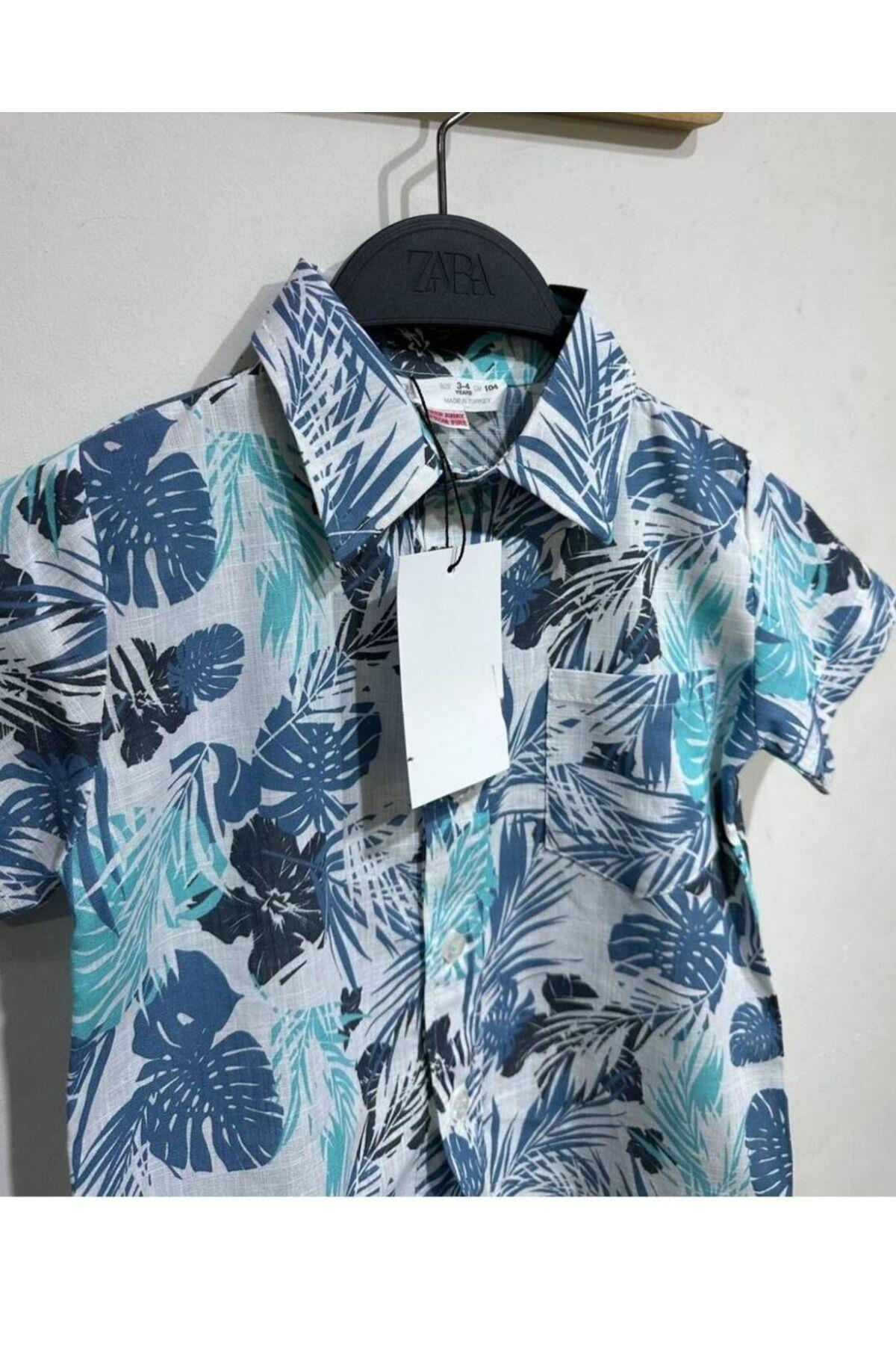 Erkek Çocuk Hawaii Desenli Keten Mavi Gömlek
