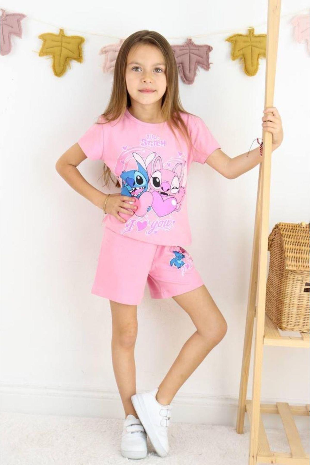 Karakter Baskılı T-shirt ve Şortlu Alt Üst Kız Çocuk Takım (3-12 Yaş)