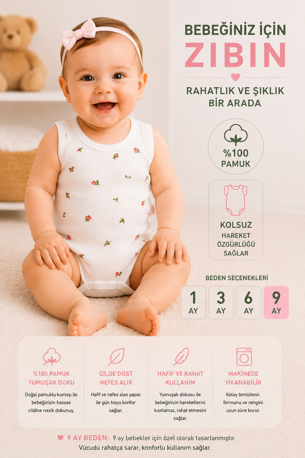 Kız Bebek Çiçek Desenli Zıbın-Beyaz