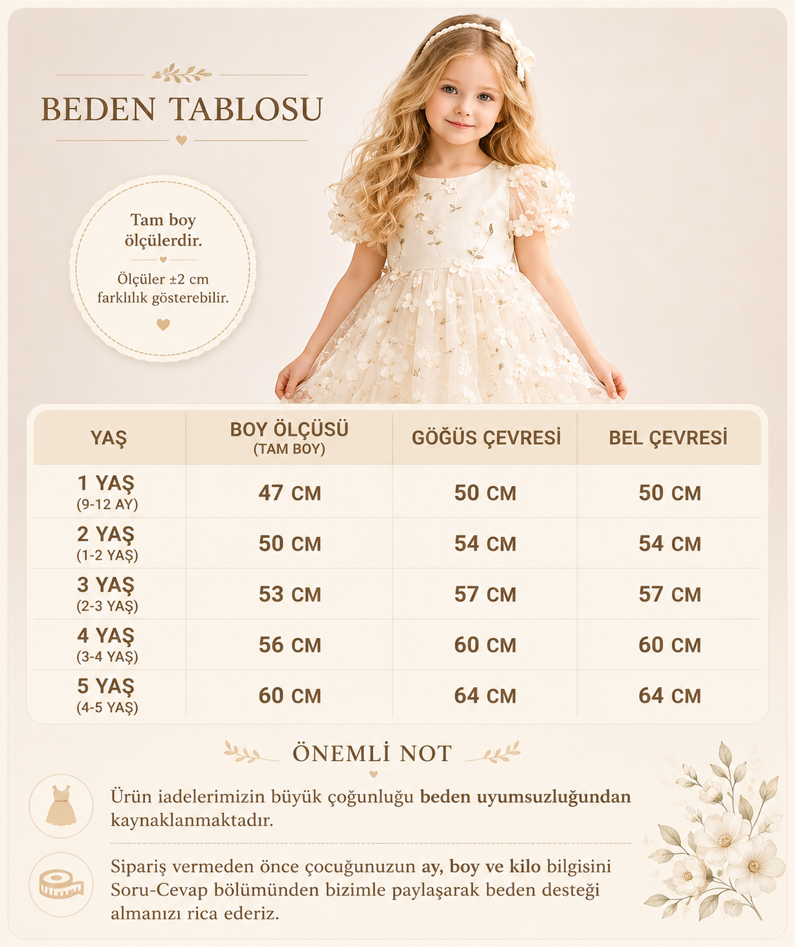 Kız Bebek Elbise Kız Çocuk Elbise Çiçekli Doğum Günü Parti Düğün Özel Gün Kısa Kol Astarlı Fiyonklu Krem