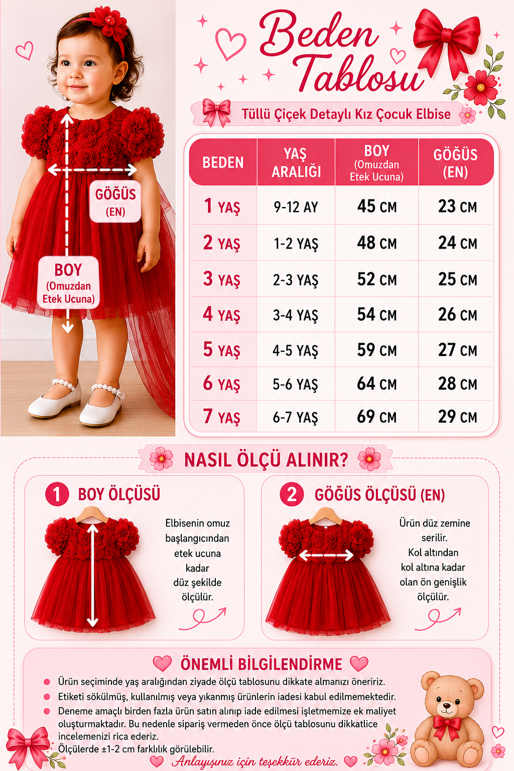 Kız Bebek Kırmızı Elbise Kısa Kollu Fiyonklu Doğum Günü Parti Düğün Özel Gün Tüllü Astarlı Prenses Parti Elbise 