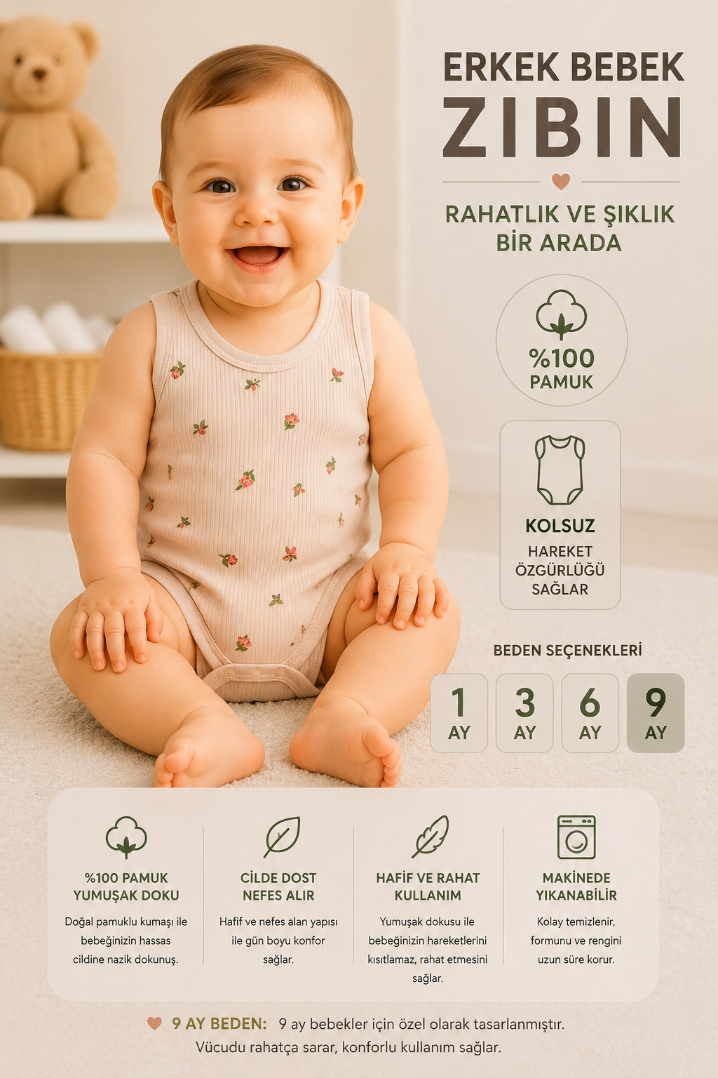 Kız Bebek Küçük Kalp Desenli Zıbın-Krem TESTT