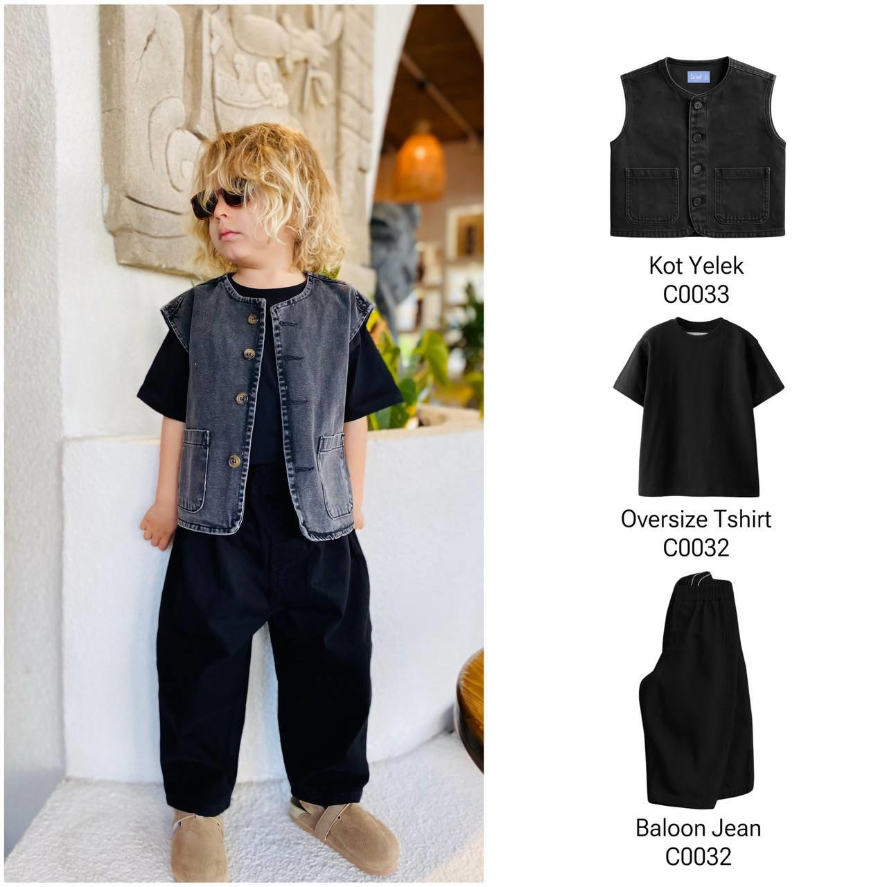 Kot Yelek , Beyaz Tshirt Ve Antrasit Taşlı Balon Pantolon Bayramlık Unisex 3 'lü Takım