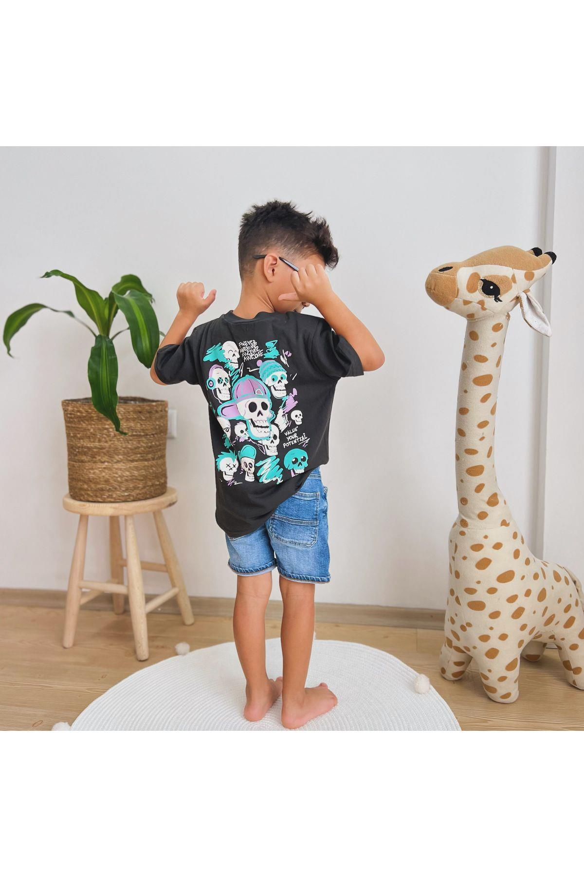 Kurukafa Baskılı Erkek Siyah Sırt Baskılı Tshirt