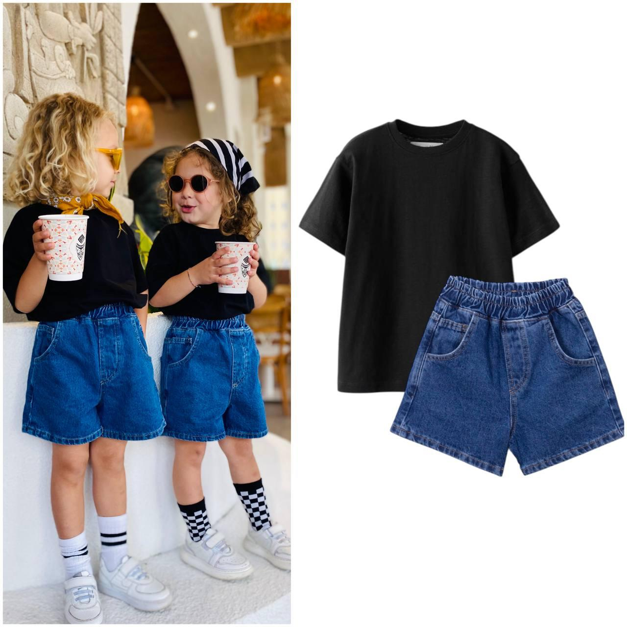 Laciel Paris Mavi Kot Şort ve Siyah Tshirt Bayramlık Unisex 2 'liTakım