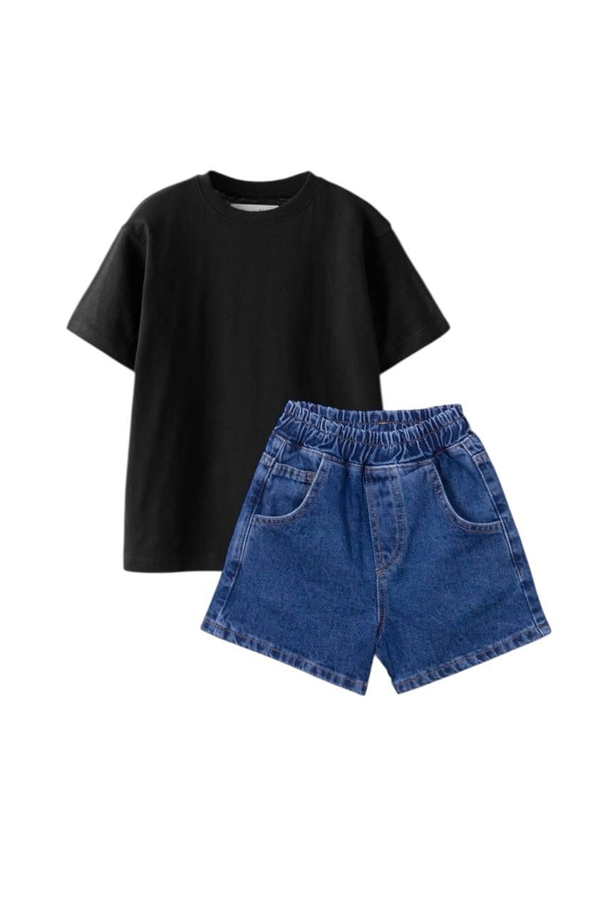 Laciel Paris Mavi Kot Şort ve Siyah Tshirt Bayramlık Unisex 2 'liTakım