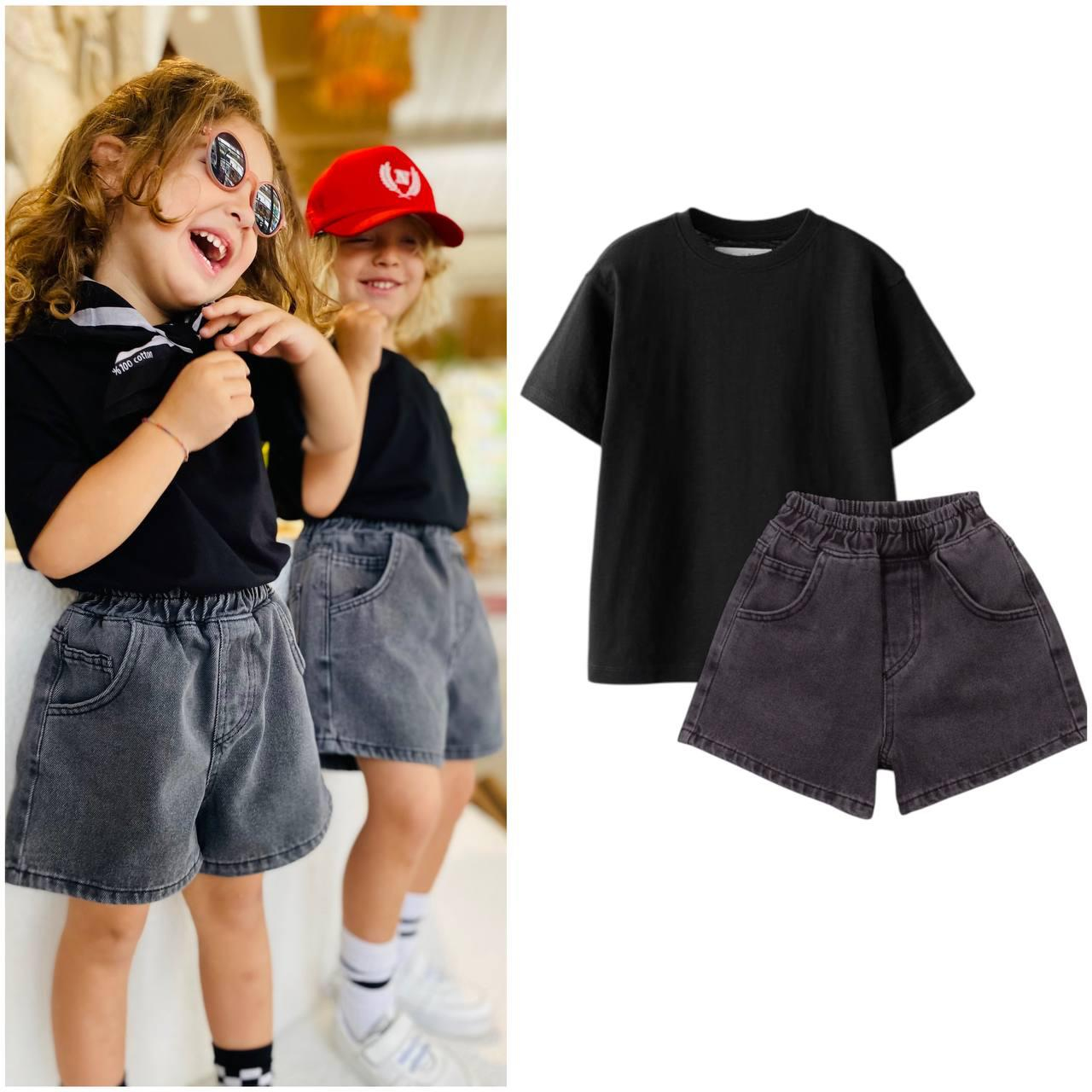 Mavi Kot Şort ve Siyah Tshirt Bayramlık Unisex 2 'liTakım