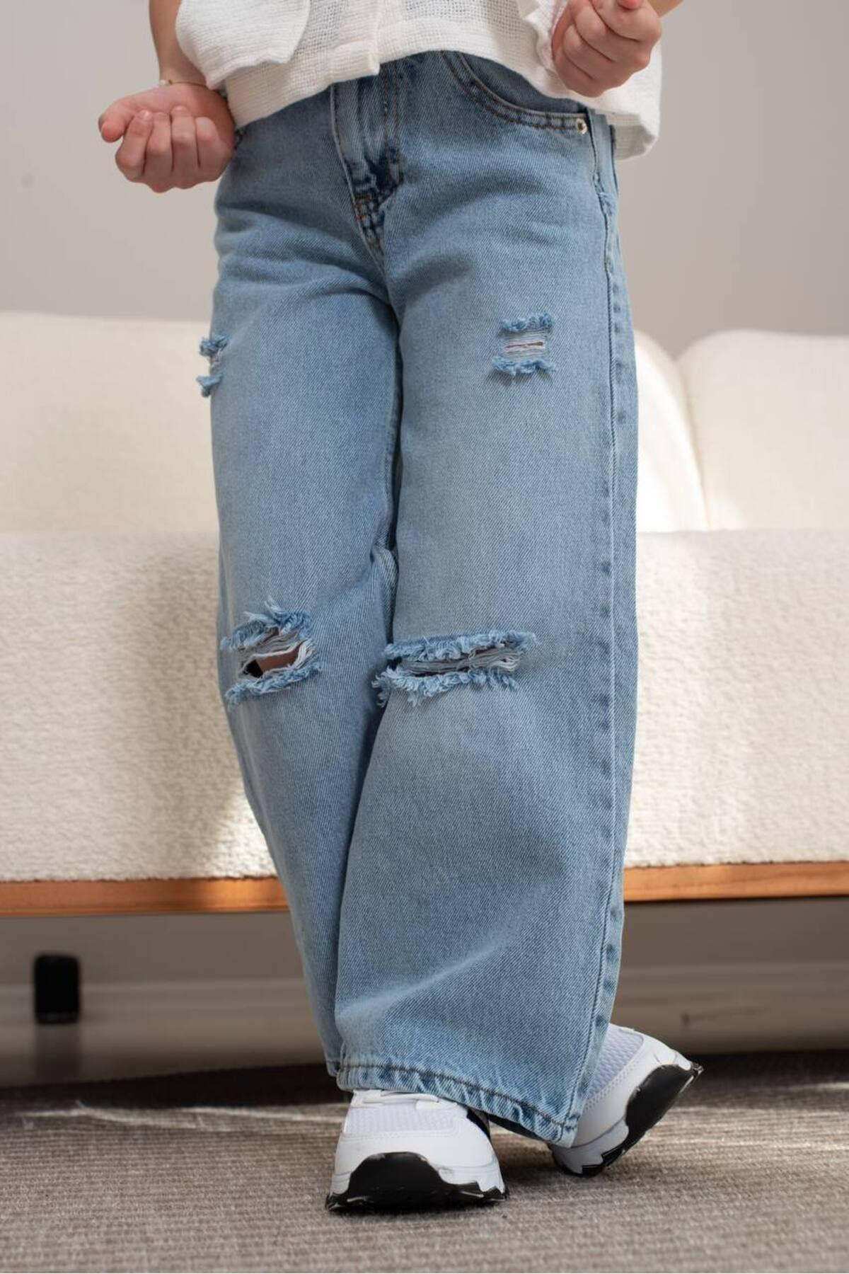 Yırtık Detaylı Geniş Paça Bel ayarlı Kot Pantolon (5 - 12 yaş)