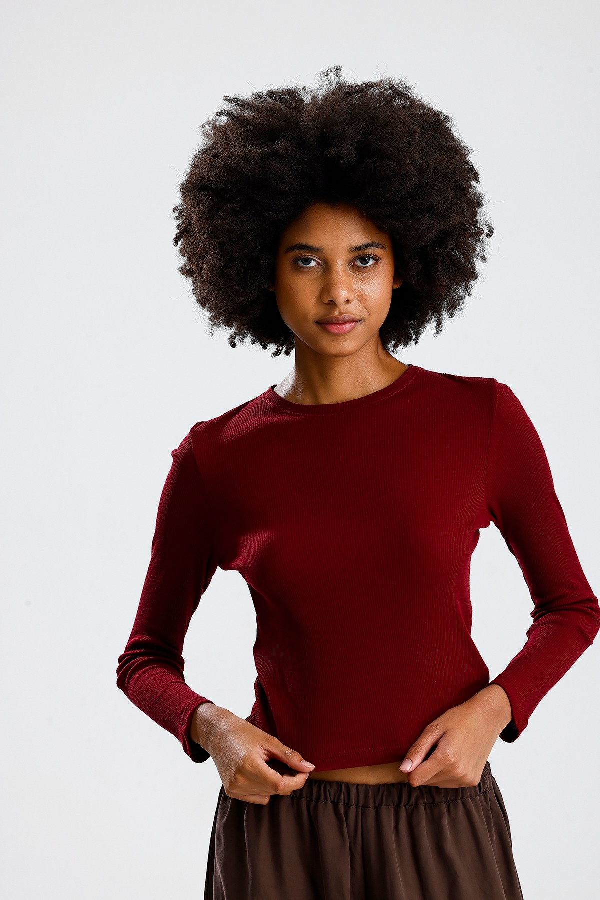 Bordo Uzun Kol Basic Tshirt