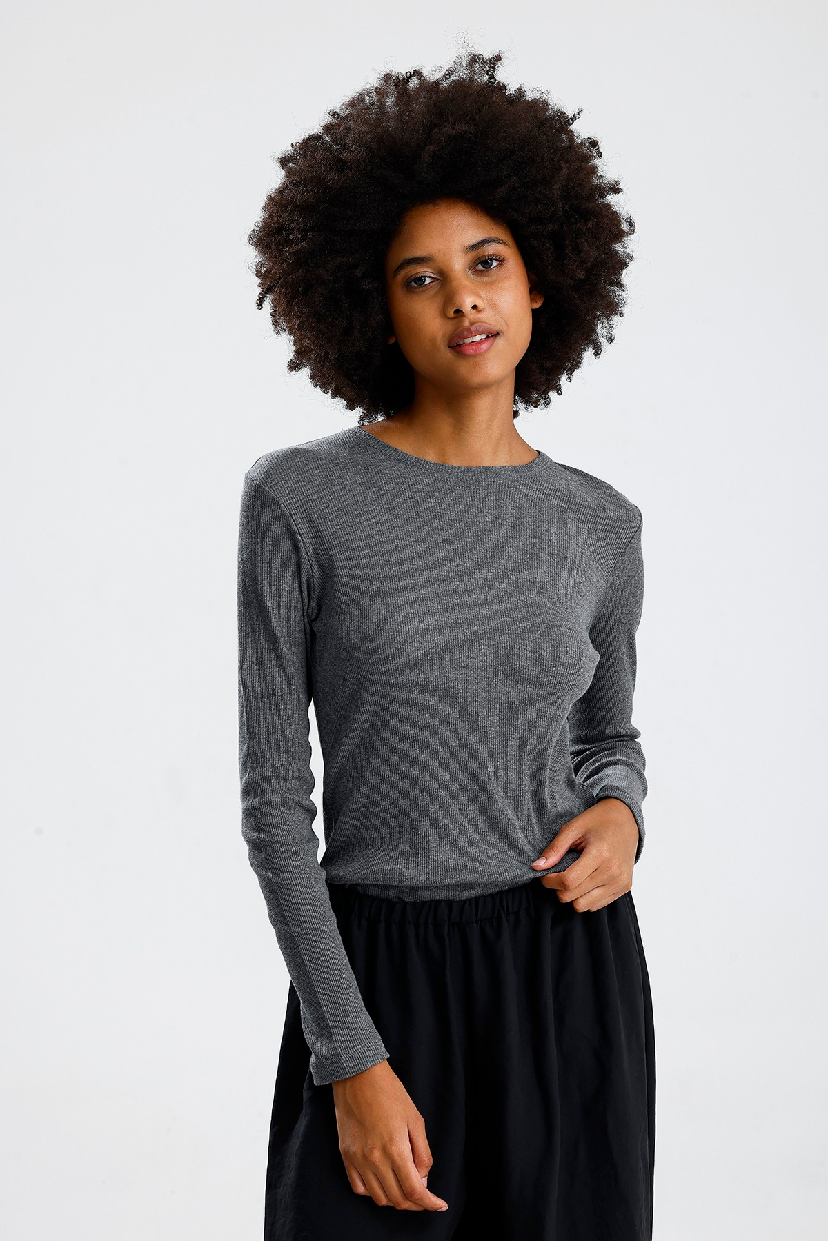 Gri Uzun Kol Basic Tshirt