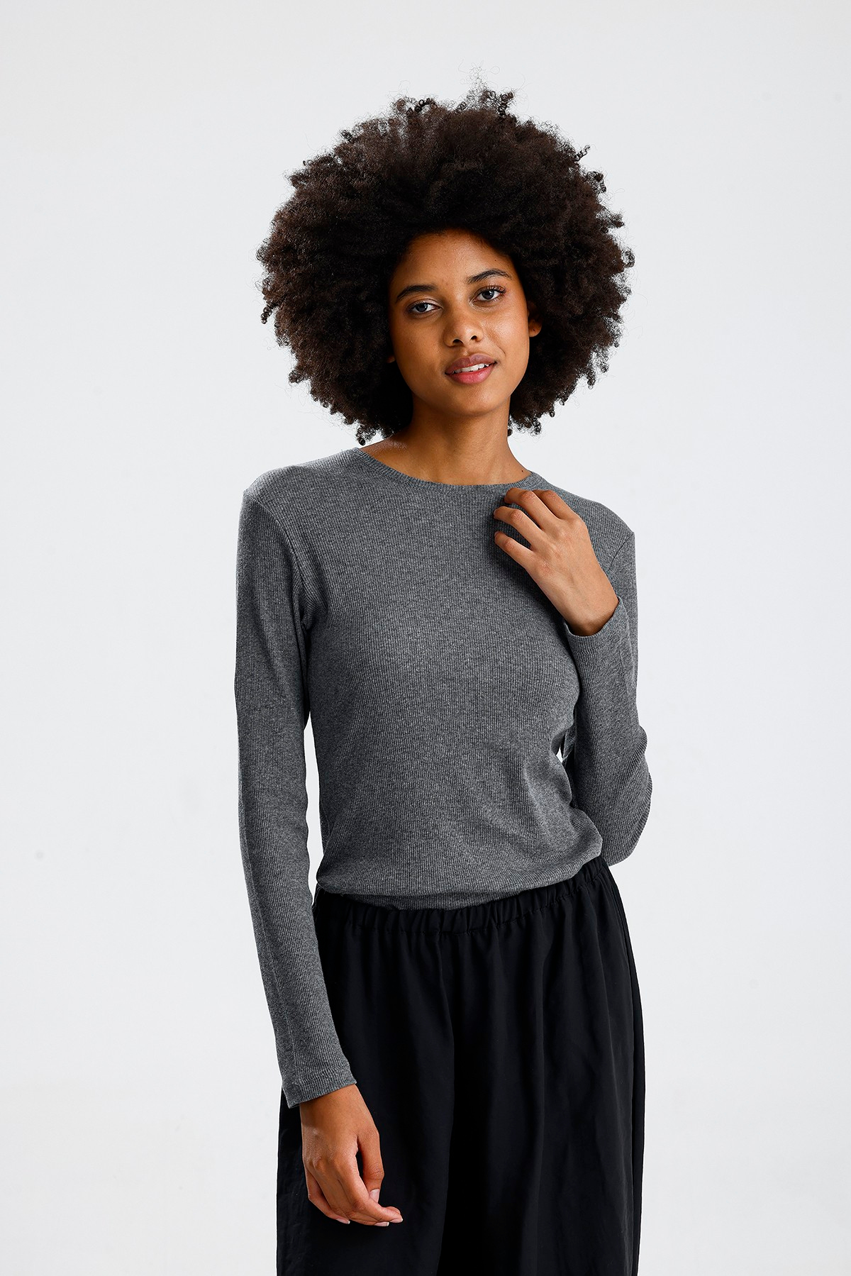 Gri Uzun Kol Basic Tshirt