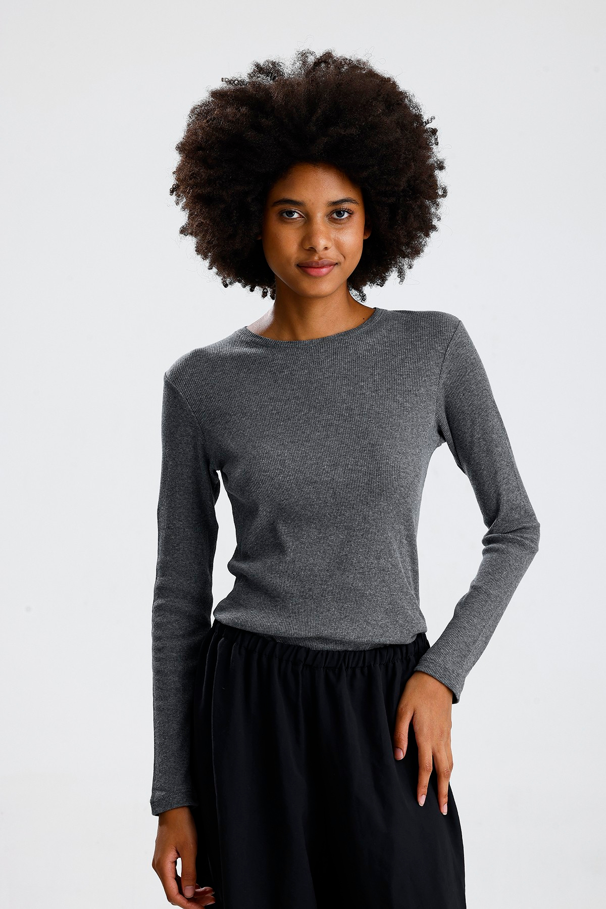 Gri Uzun Kol Basic Tshirt