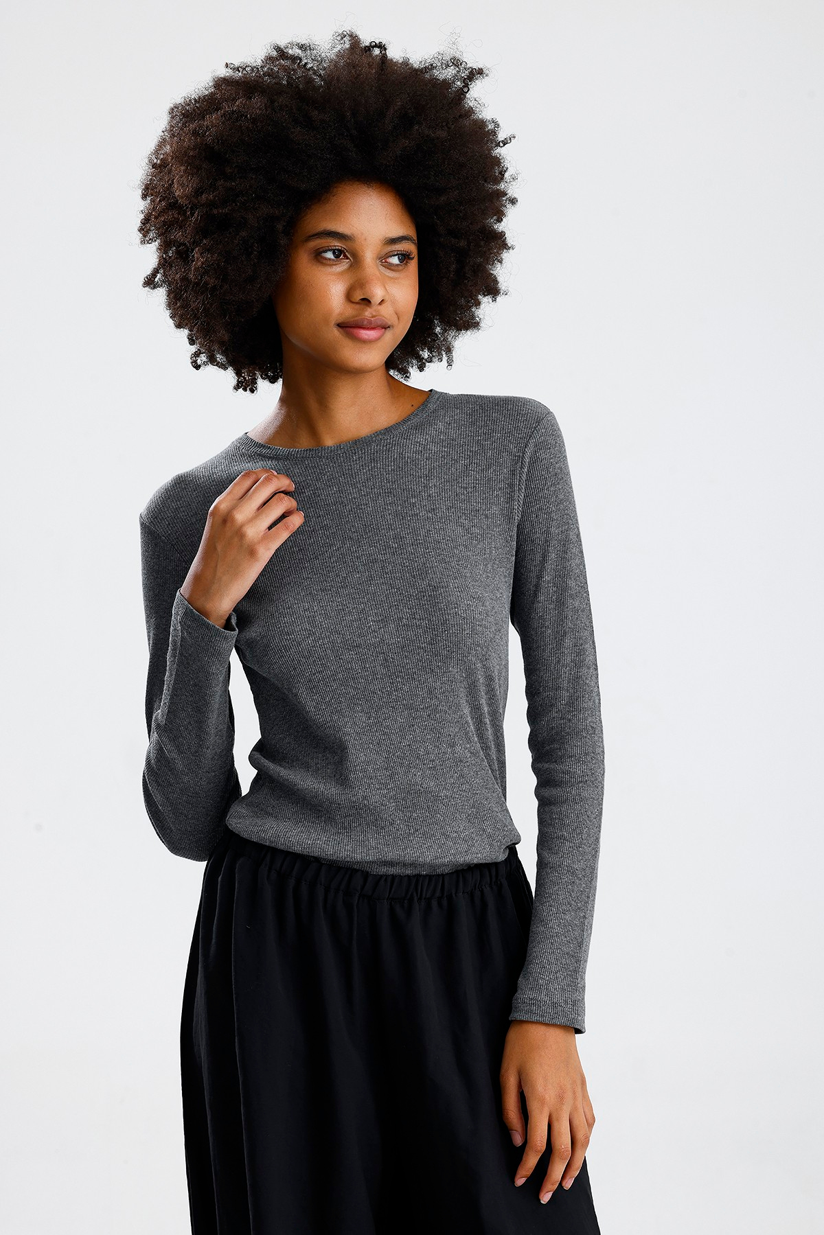 Gri Uzun Kol Basic Tshirt