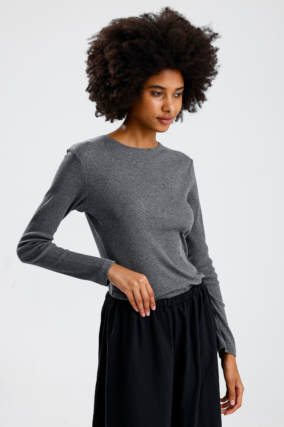 Gri Uzun Kol Basic Tshirt