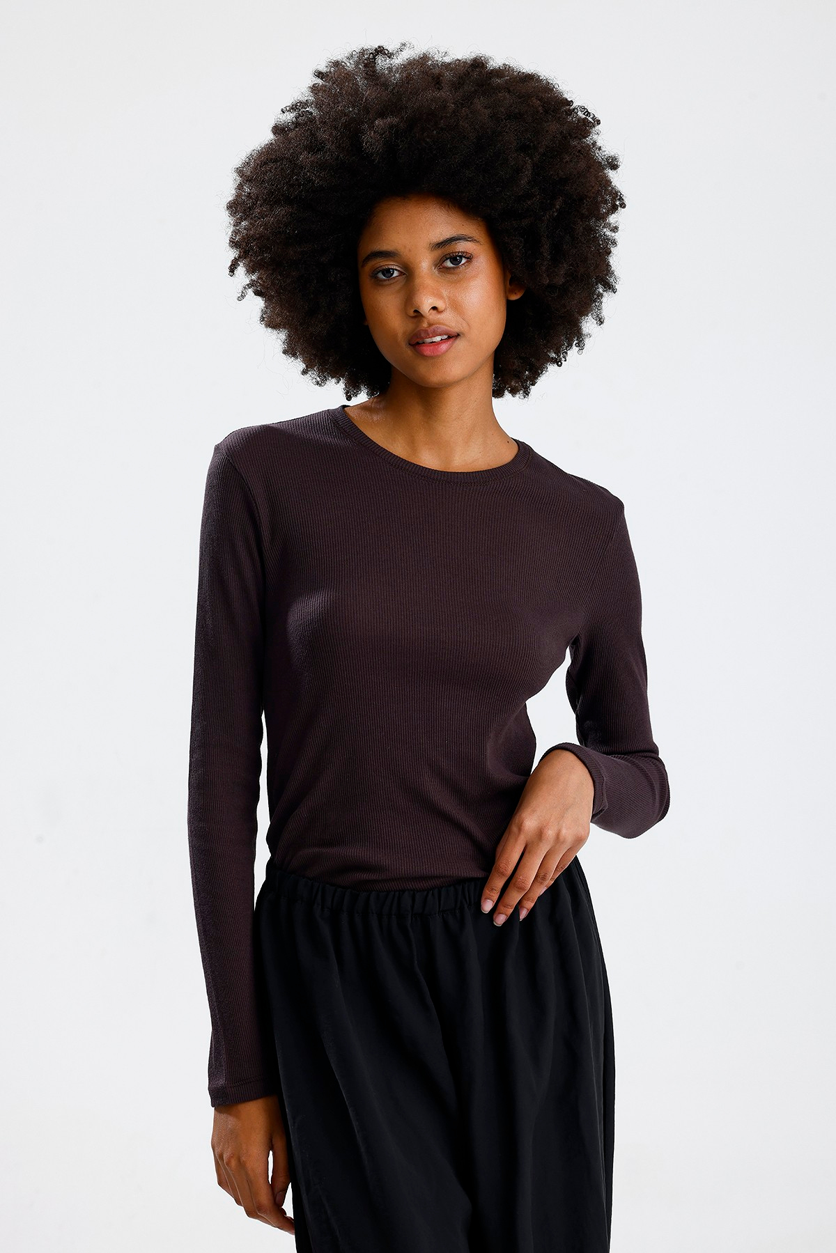 Kahve Uzun Kol Basic Tshirt