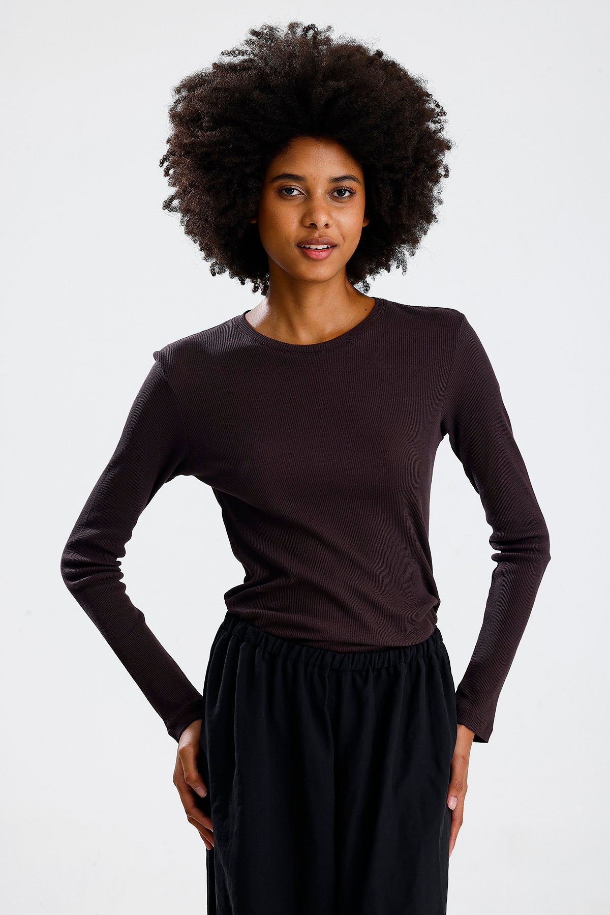 Kahve Uzun Kol Basic Tshirt