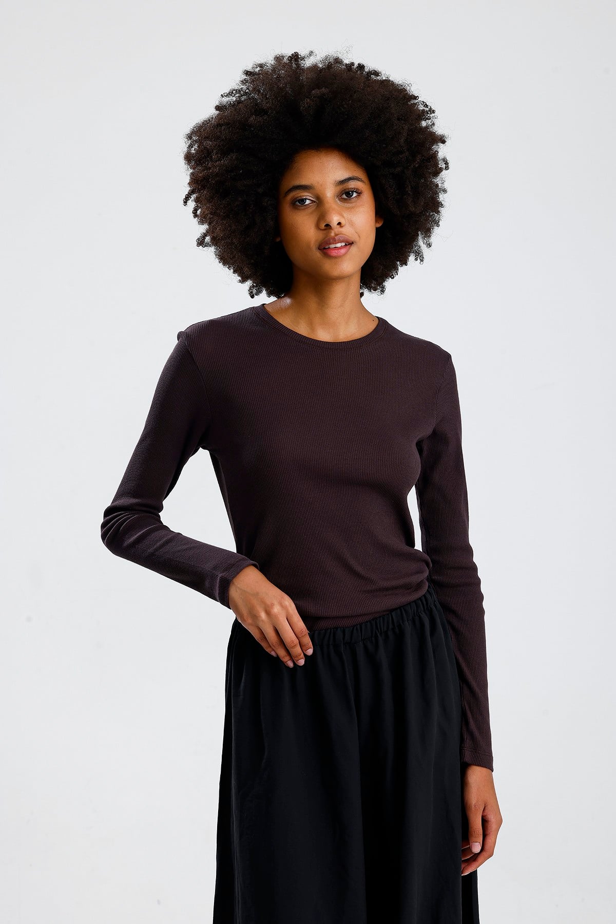 Kahve Uzun Kol Basic Tshirt
