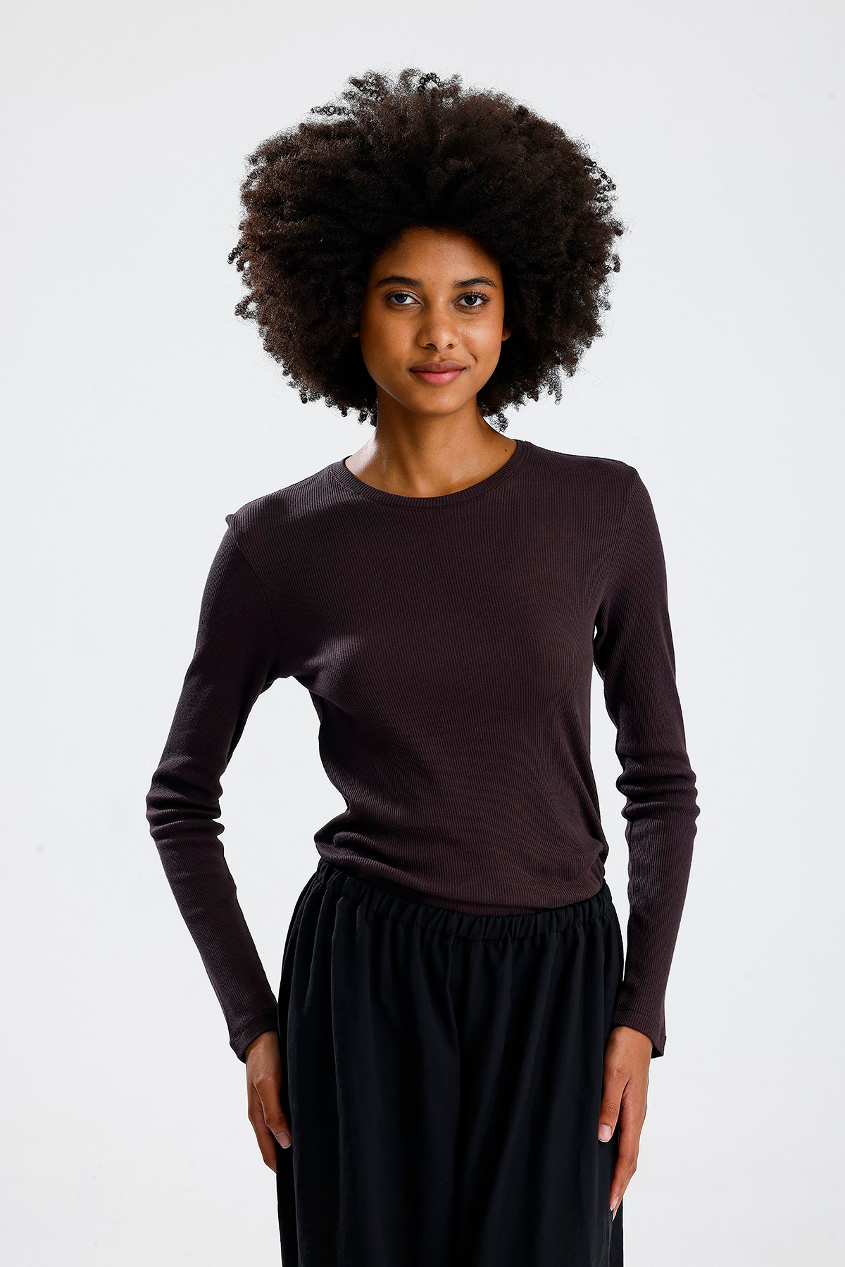 Kahve Uzun Kol Basic Tshirt