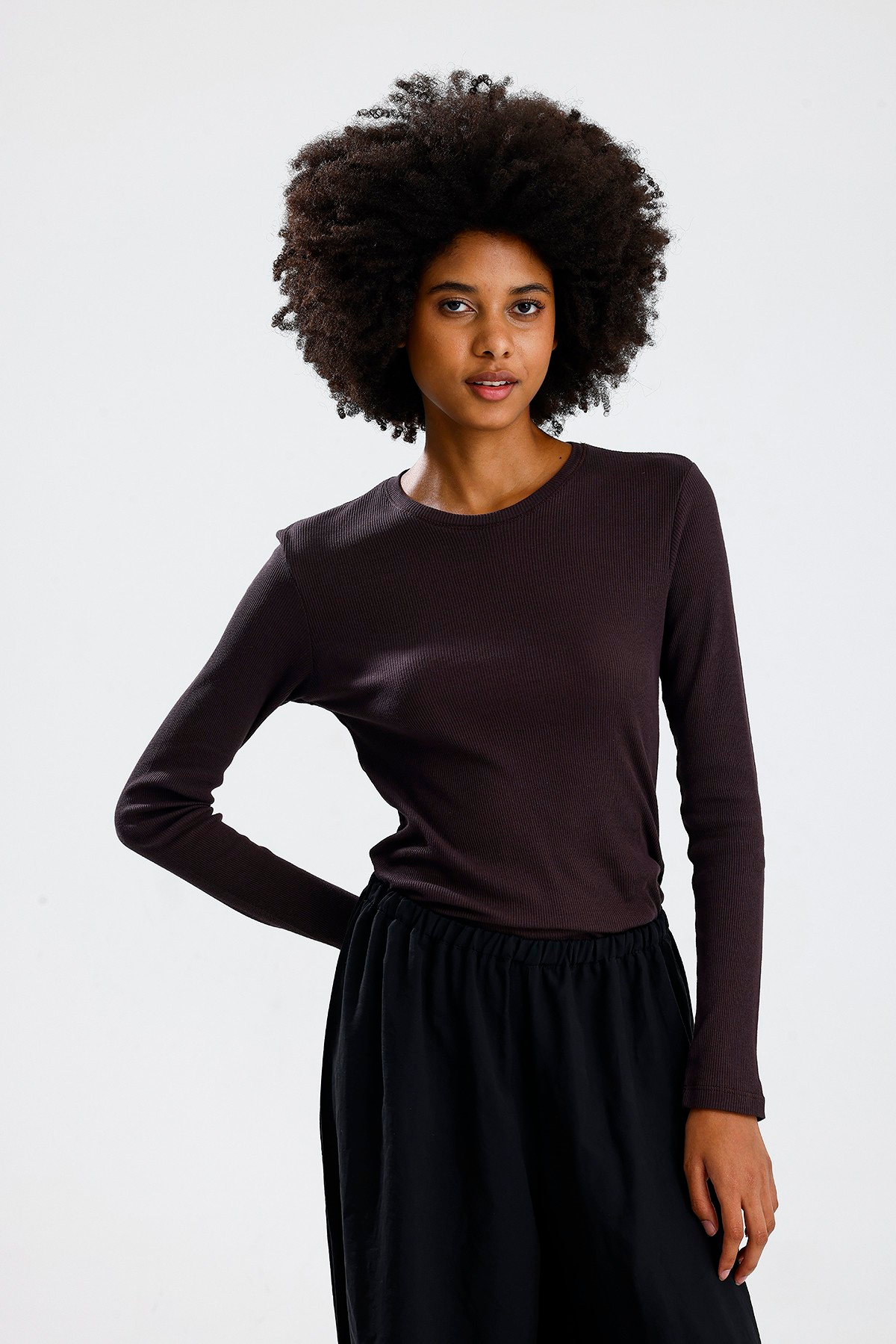 Kahve Uzun Kol Basic Tshirt